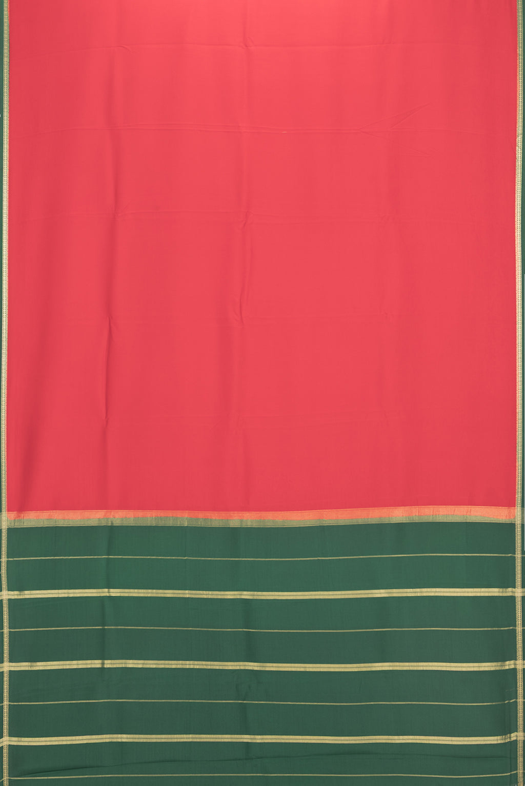 Flat view of Pure Silk Pure Zari Red Mysore Silk Saree with Plain Body and Zari Border. 