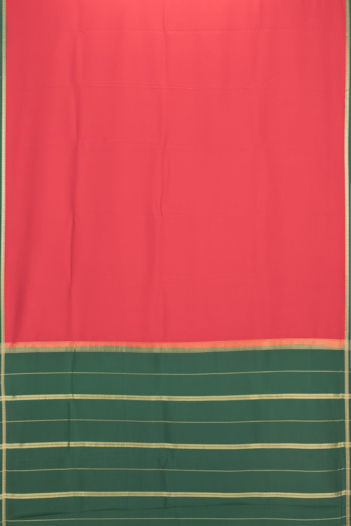 Flat view of Pure Silk Pure Zari Red Mysore Silk Saree with Plain Body and Zari Border. 