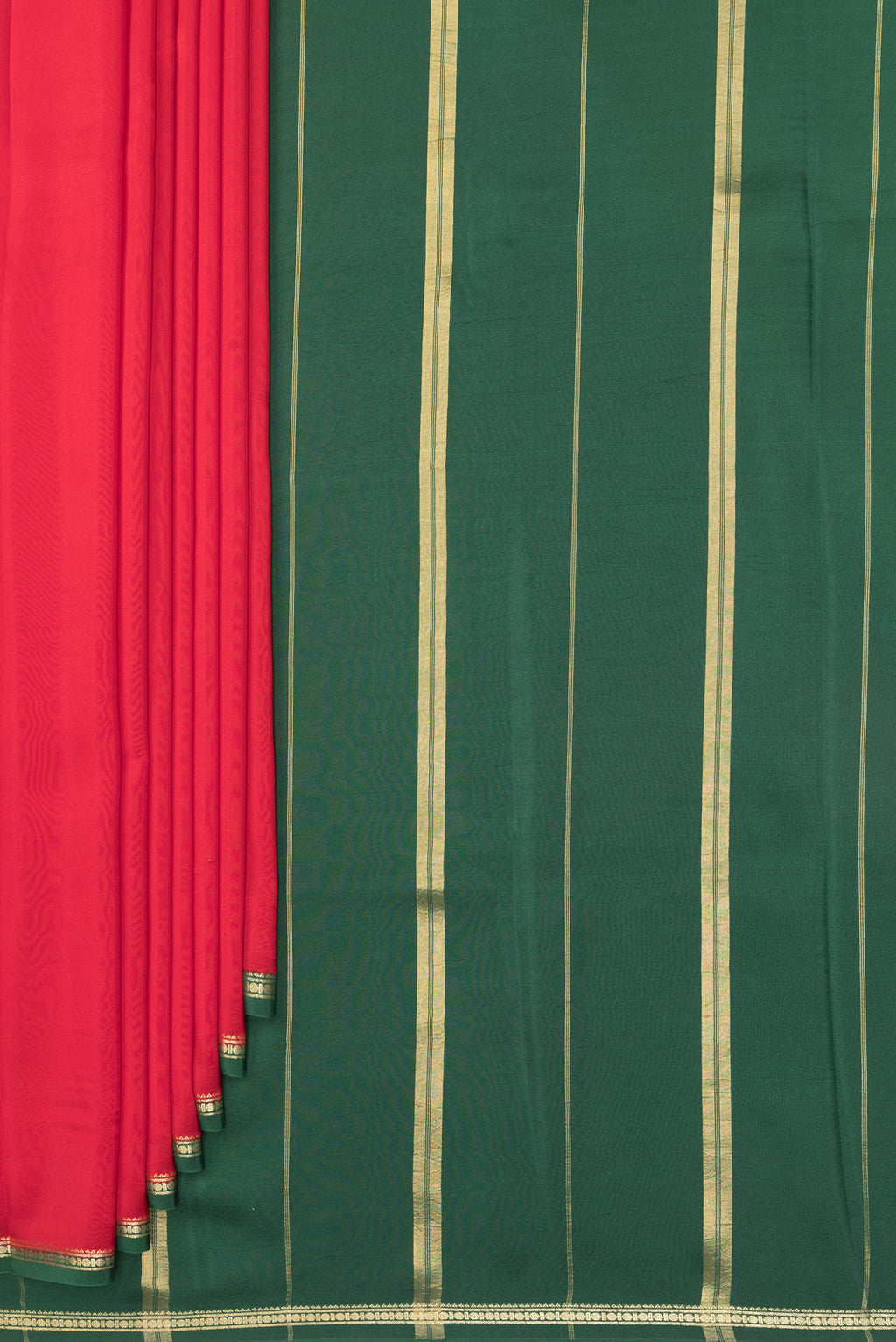 Pleats and pallu of Pure Silk Pure Zari Red Mysore Silk Saree with Plain Body and Zari Border. 