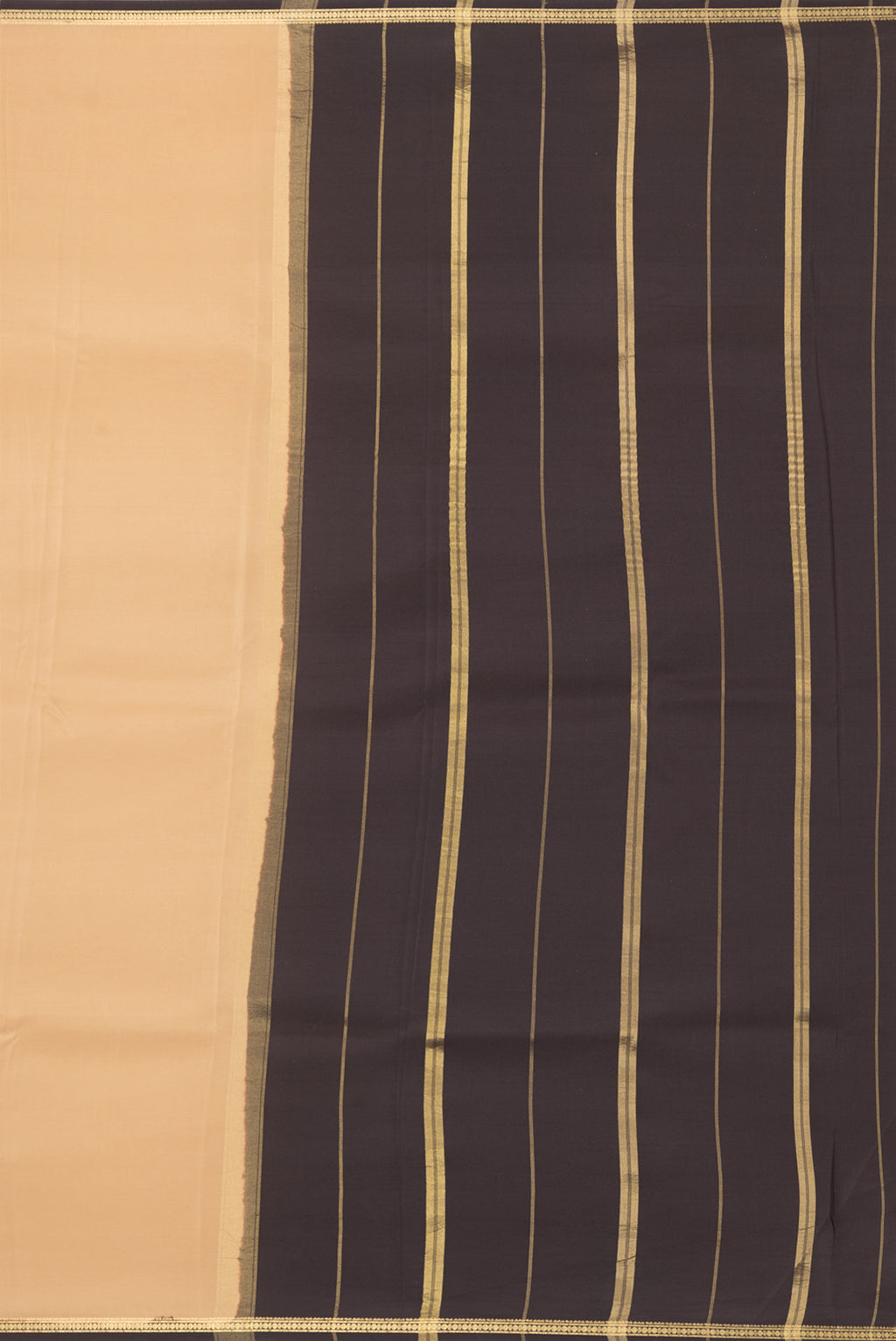 Close up image of the pallu of Pure Silk Pure Zari Sandal Mysore Silk Saree with Plain Body and Zari Border. 