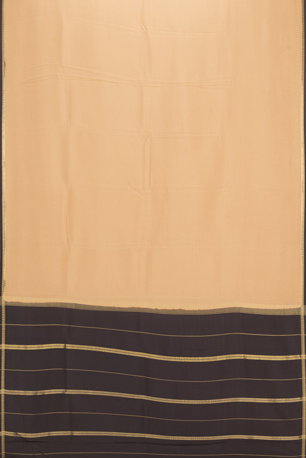 Flat view of Pure Silk Pure Zari Sandal Mysore Silk Saree with Plain Body and Zari Border. 
