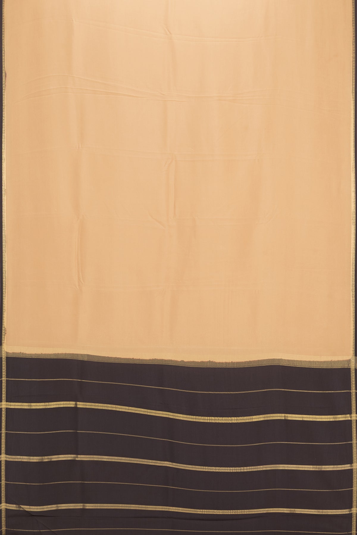 Flat view of Pure Silk Pure Zari Sandal Mysore Silk Saree with Plain Body and Zari Border. 