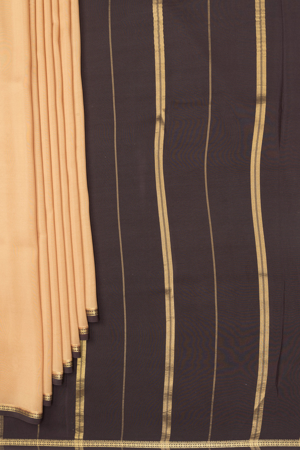 Pleats and pallu of Pure Silk Pure Zari Sandal Mysore Silk Saree with Plain Body and Zari Border. 
