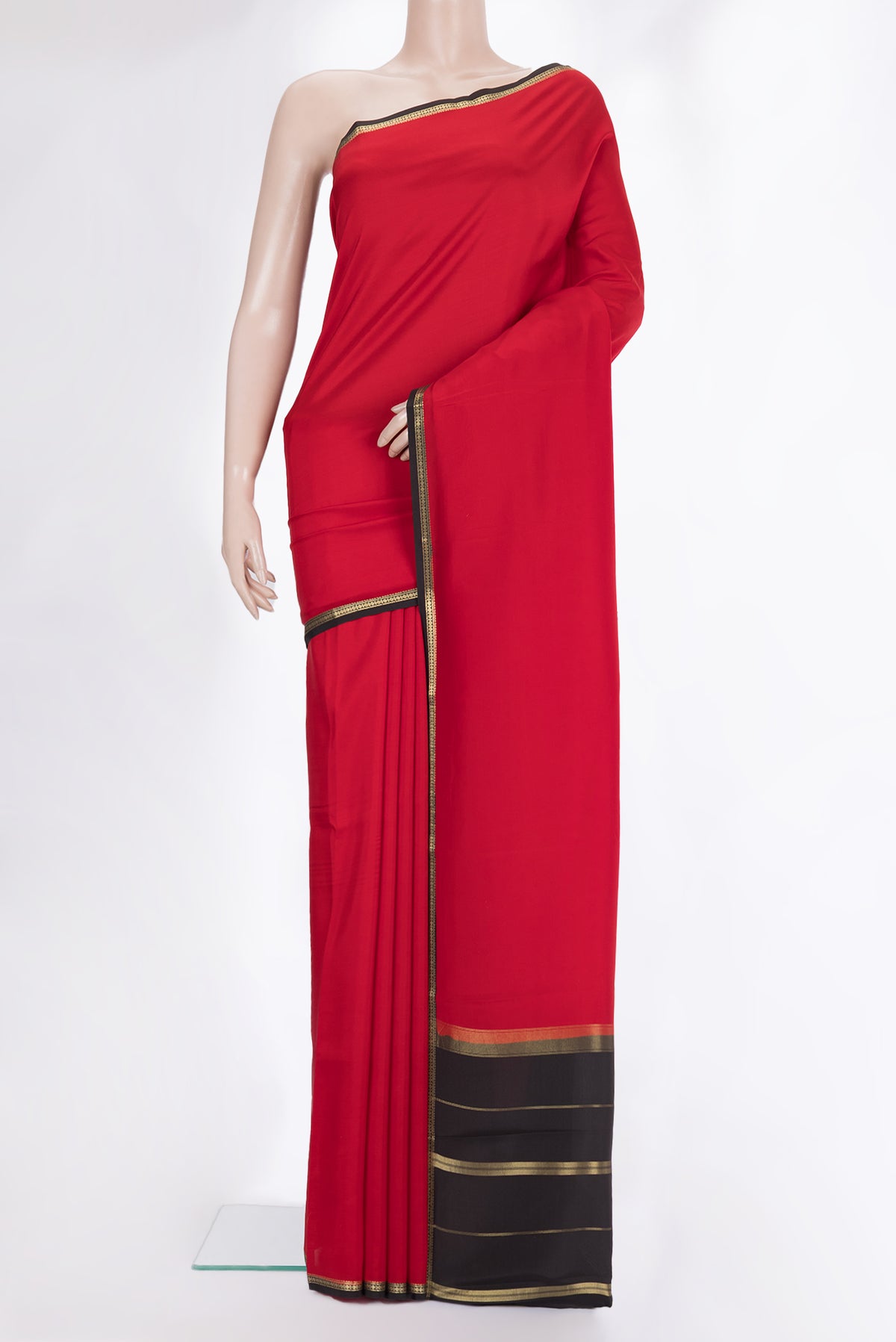 Pure Silk Pure Zari Red Mysore Silk Saree with Plain Body and Zari Border.  displayed on a mannequin