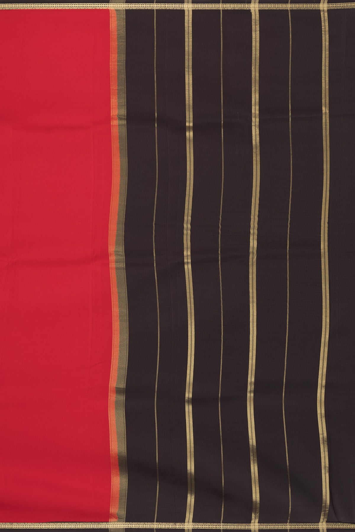 Close up image of the pallu of Pure Silk Pure Zari Red Mysore Silk Saree with Plain Body and Zari Border. 