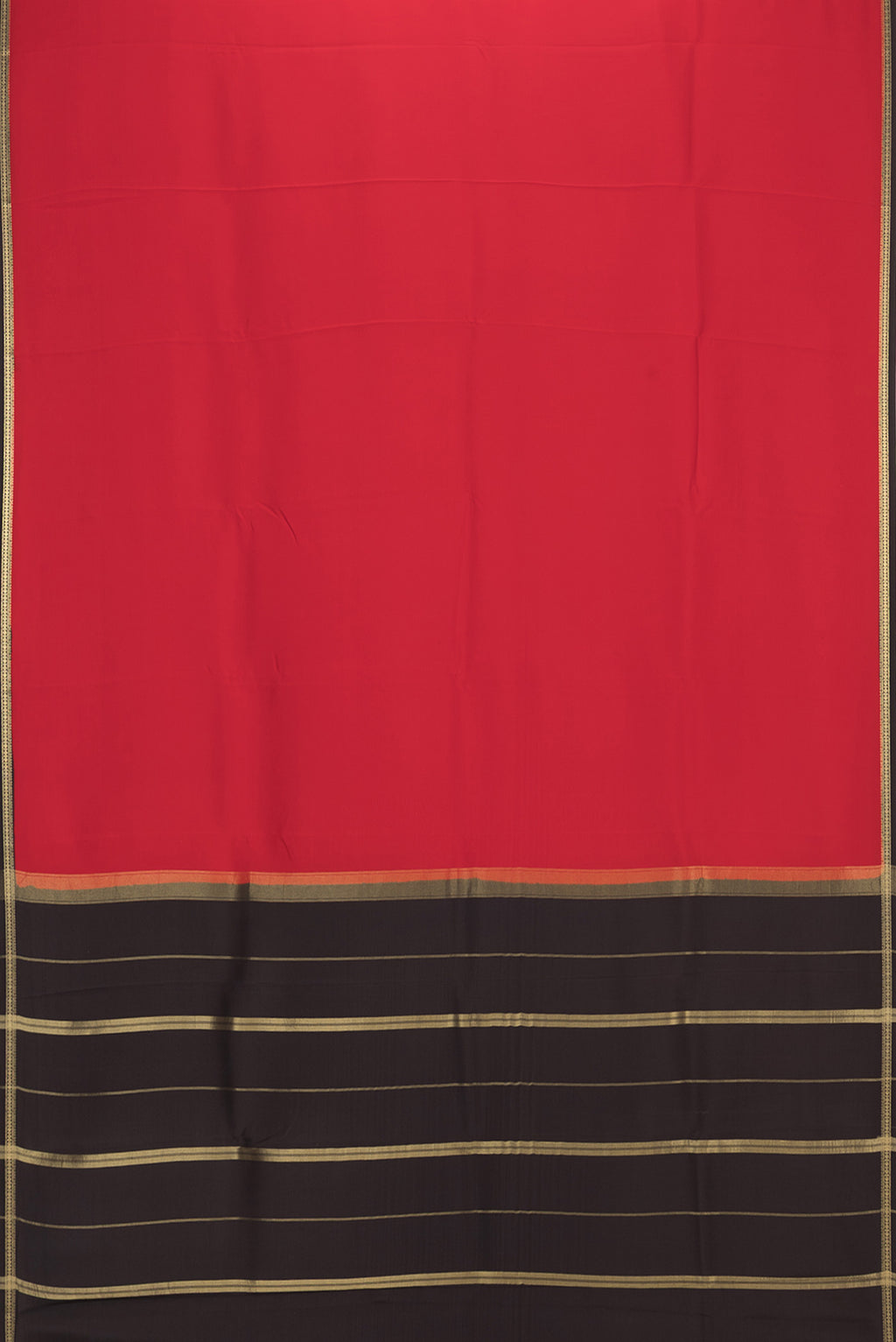 Flat view of Pure Silk Pure Zari Red Mysore Silk Saree with Plain Body and Zari Border. 