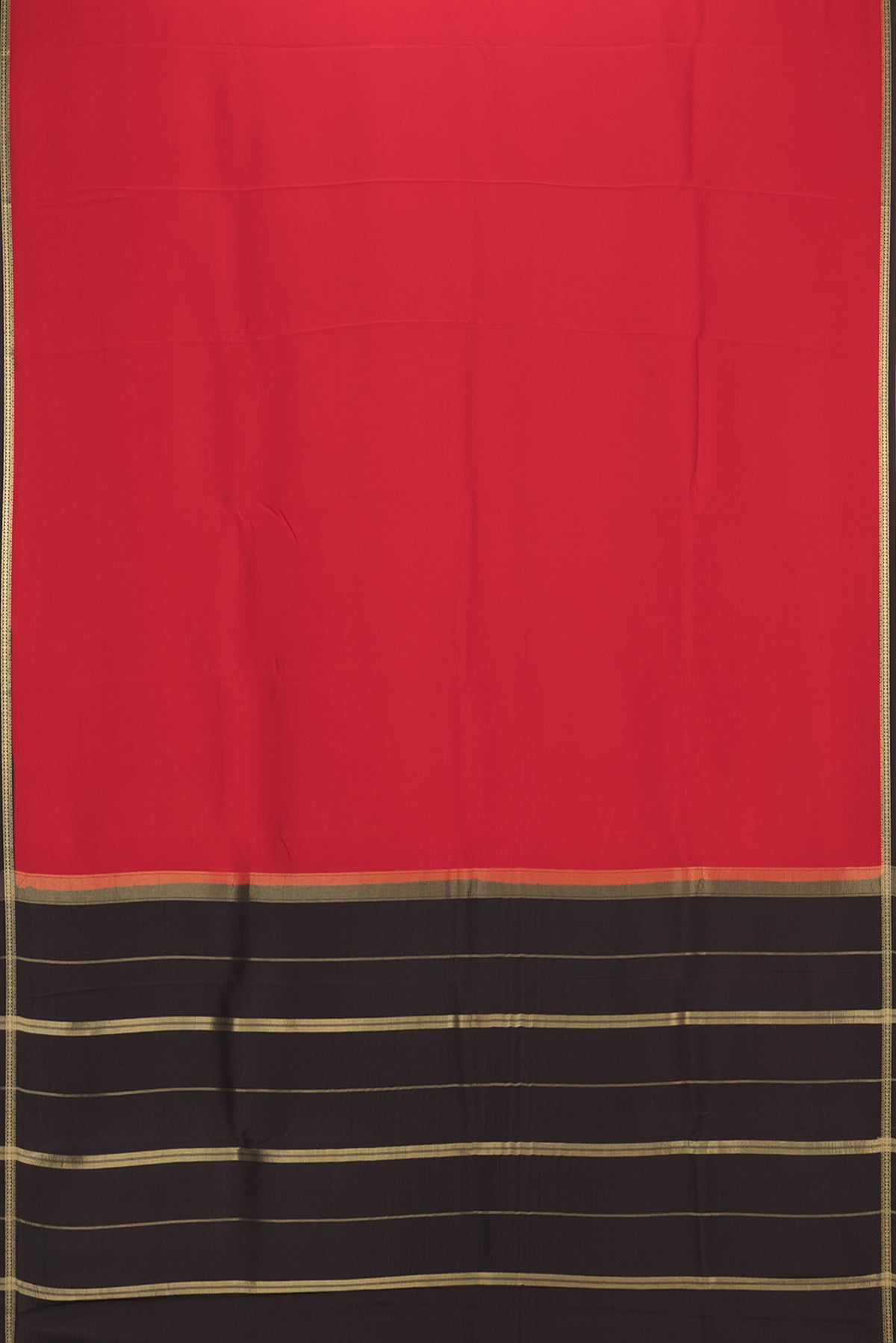 Flat view of Pure Silk Pure Zari Red Mysore Silk Saree with Plain Body and Zari Border. 