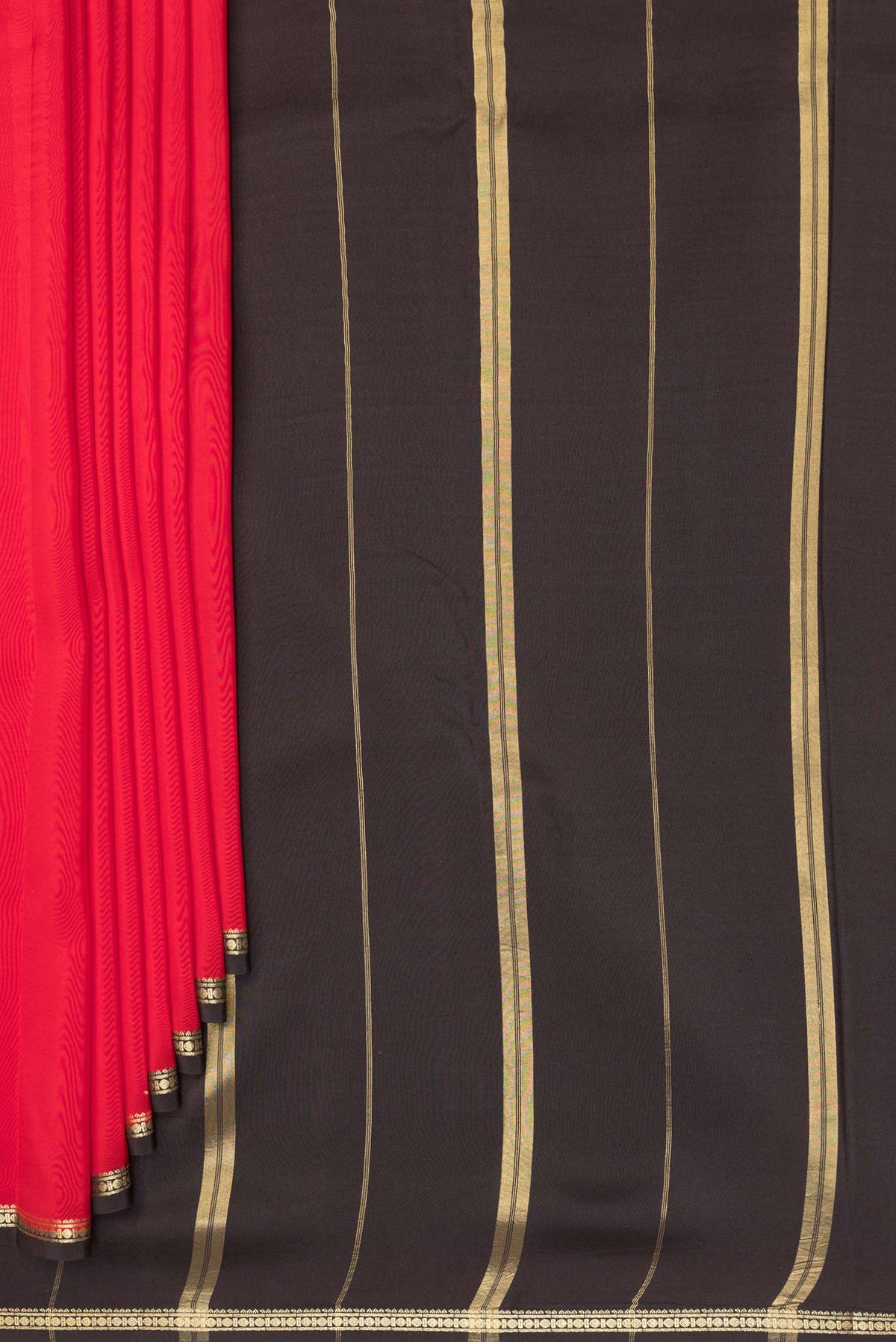 Pleats and pallu of Pure Silk Pure Zari Red Mysore Silk Saree with Plain Body and Zari Border. 