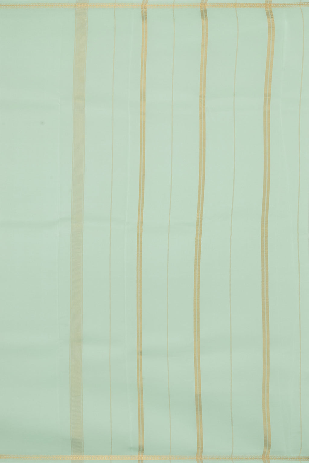 Close up image of the pallu of Pure Silk Pure Zari Pista Green Mysore Silk Saree with Plain Body and Zari Border. 
