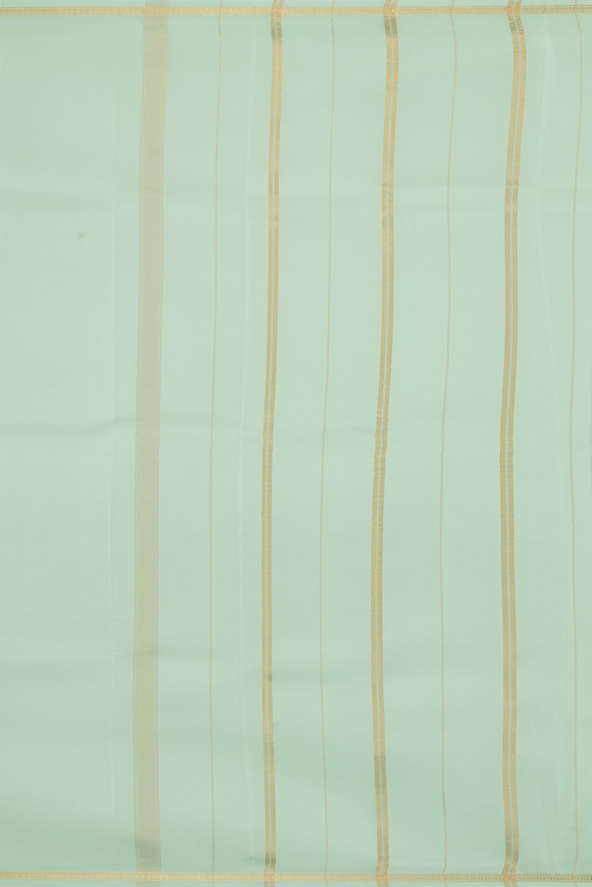 Close up image of the pallu of Pure Silk Pure Zari Pista Green Mysore Silk Saree with Plain Body and Zari Border. 