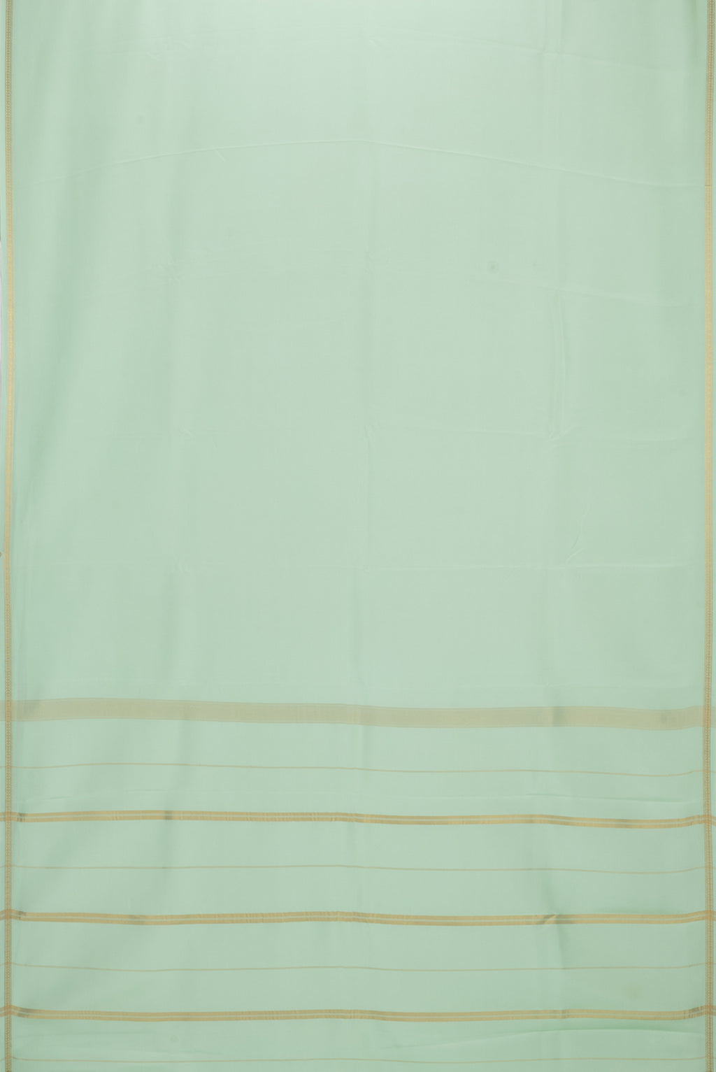 Flat view of Pure Silk Pure Zari Pista Green Mysore Silk Saree with Plain Body and Zari Border. 