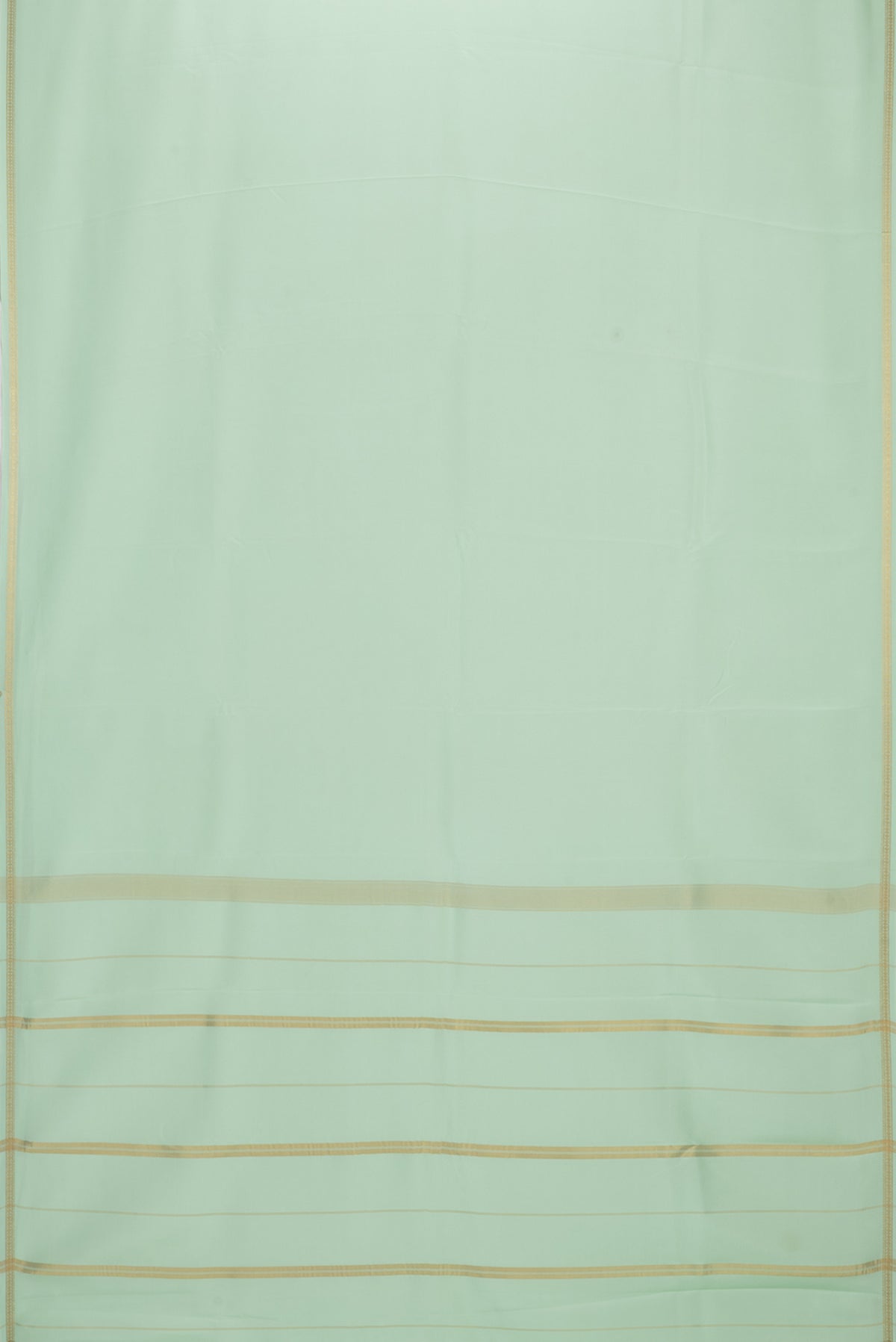 Flat view of Pure Silk Pure Zari Pista Green Mysore Silk Saree with Plain Body and Zari Border. 