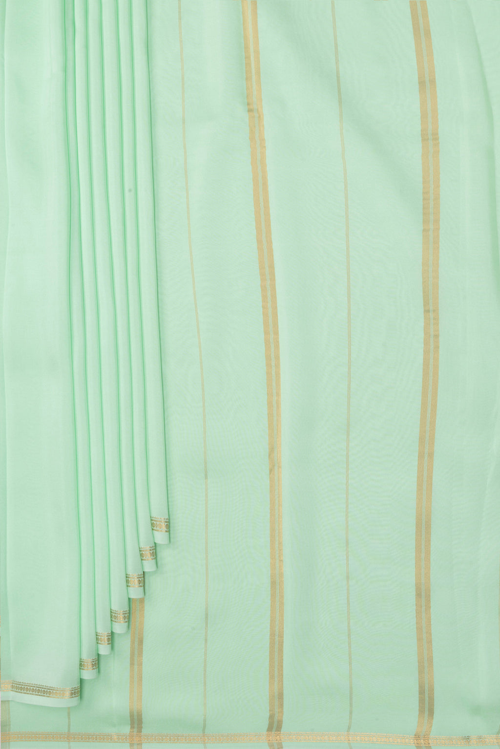 Pleats and pallu of Pure Silk Pure Zari Pista Green Mysore Silk Saree with Plain Body and Zari Border. 