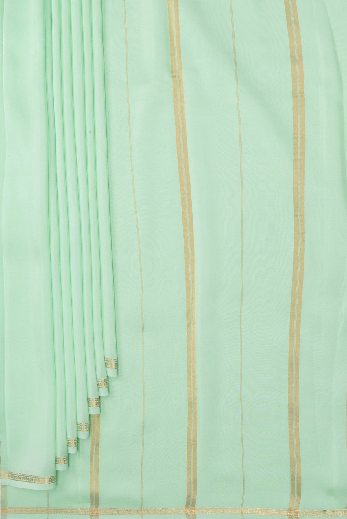 Pleats and pallu of Pure Silk Pure Zari Pista Green Mysore Silk Saree with Plain Body and Zari Border. 
