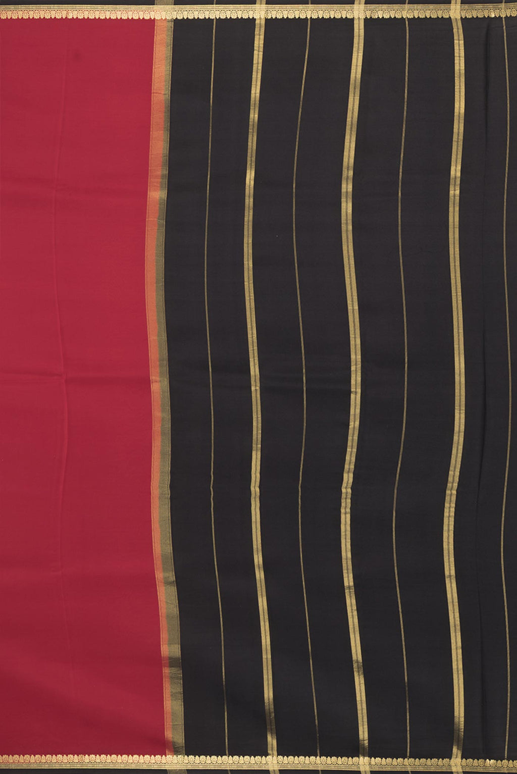Close up image of the pallu of Pure Silk Pure Zari Deep Red Mysore Silk Saree with Plain Body and Zari Border. 