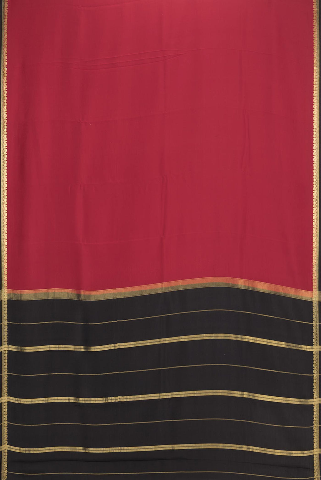 Flat view of Pure Silk Pure Zari Deep Red Mysore Silk Saree with Plain Body and Zari Border. 