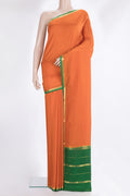 Pure Silk Pure Zari Orange Mysore Silk Saree with Plain Body and Zari Border.  displayed on a mannequin