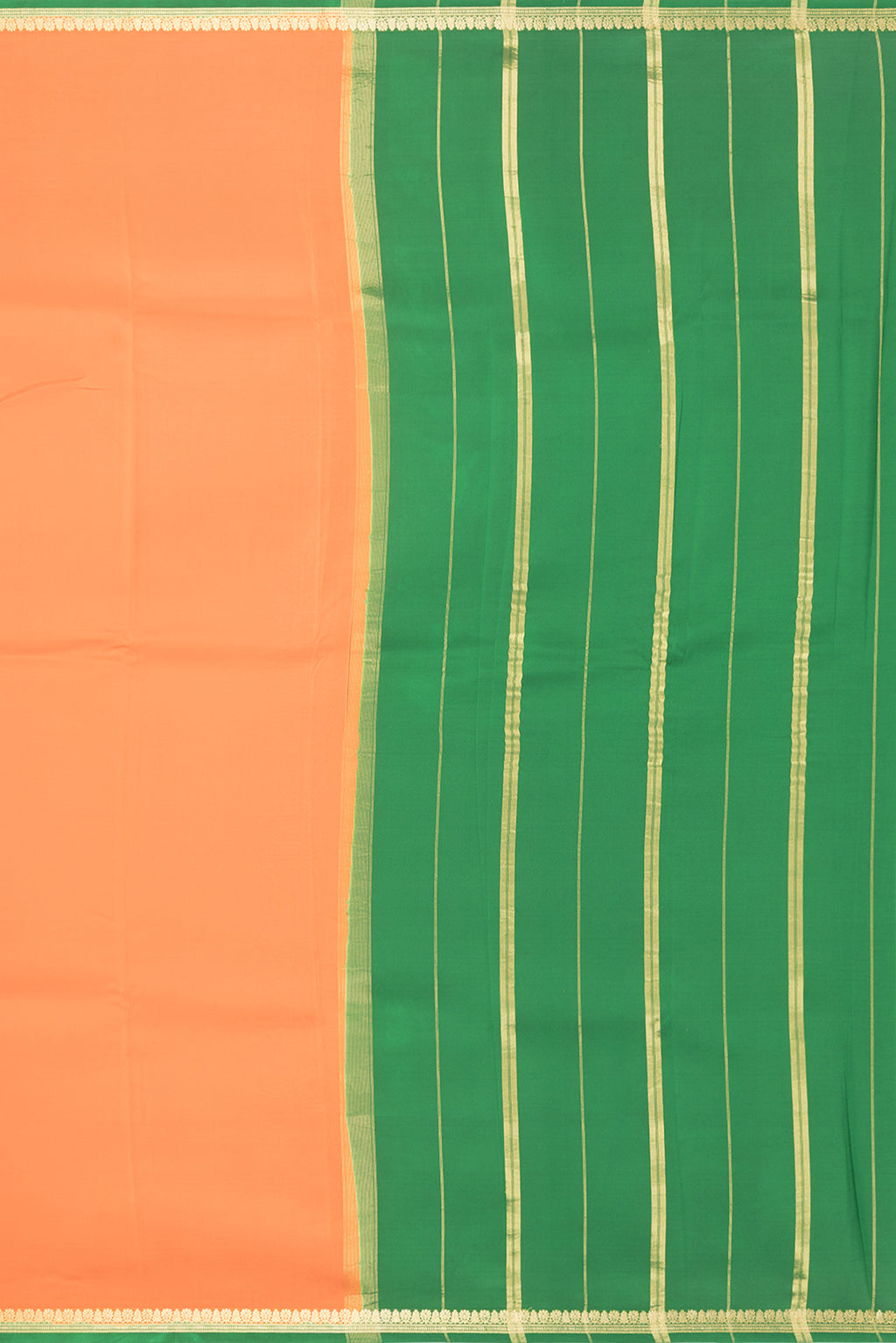 Close up image of the pallu of Pure Silk Pure Zari Orange Mysore Silk Saree with Plain Body and Zari Border. 
