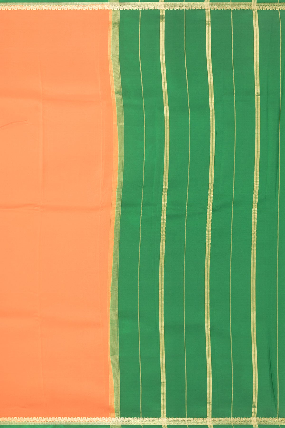 Close up image of the pallu of Pure Silk Pure Zari Orange Mysore Silk Saree with Plain Body and Zari Border. 