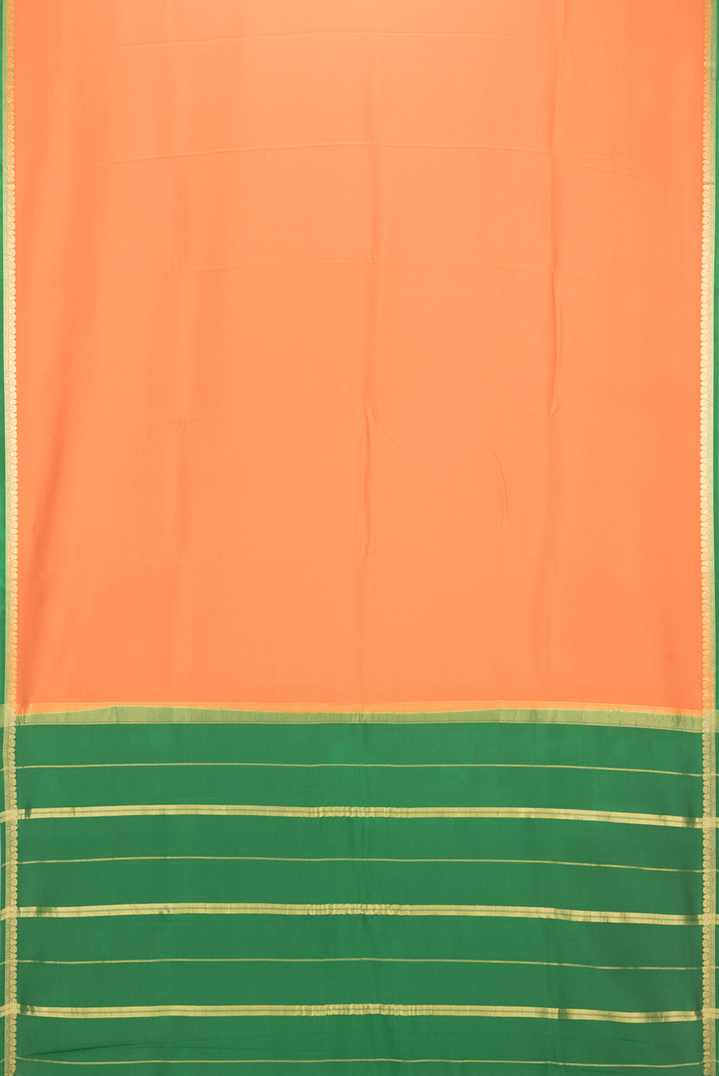 Flat view of Pure Silk Pure Zari Orange Mysore Silk Saree with Plain Body and Zari Border. 