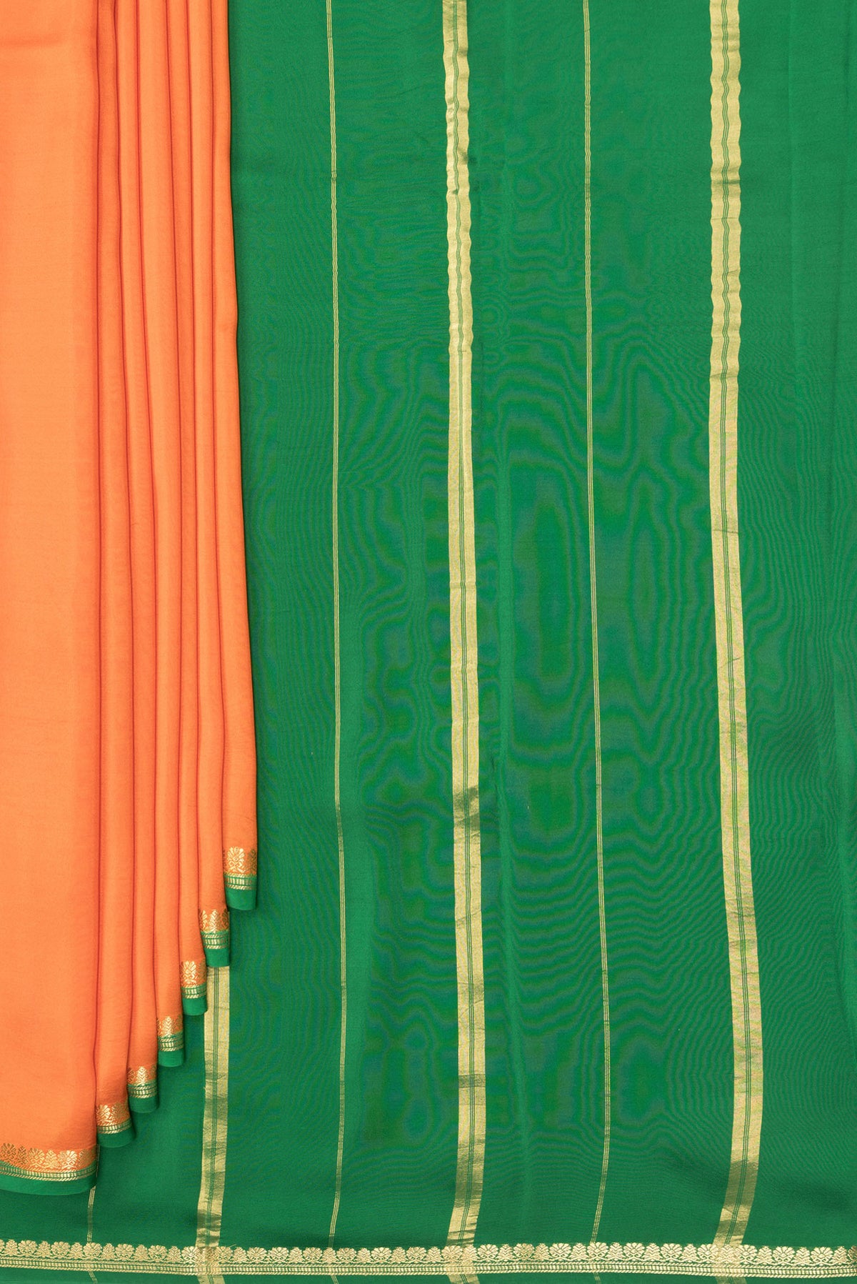 Pleats and pallu of Pure Silk Pure Zari Orange Mysore Silk Saree with Plain Body and Zari Border. 