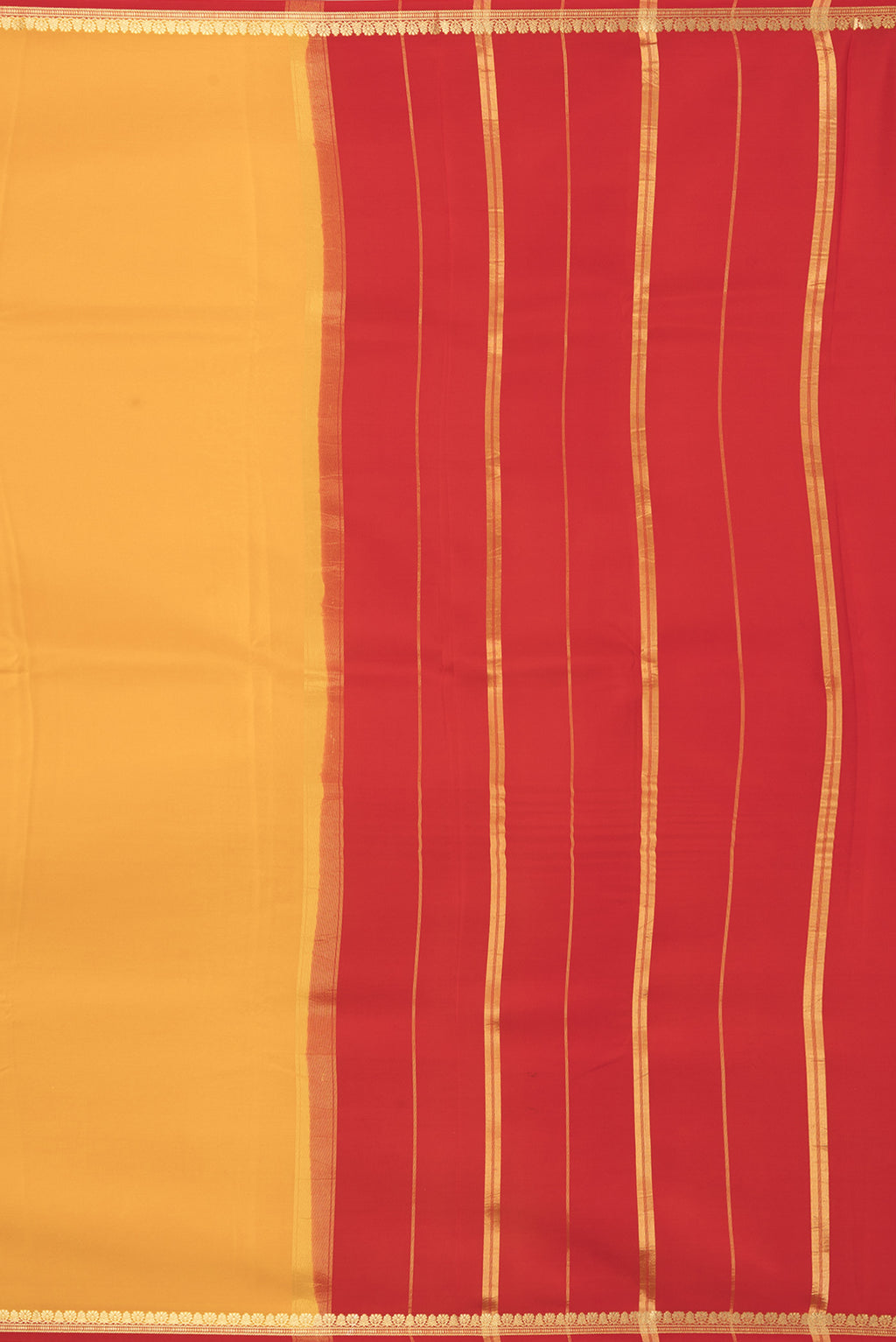 Close up image of the pallu of Pure Silk Pure Zari Mustard Mysore Silk Saree with Plain Body and Zari Border. 