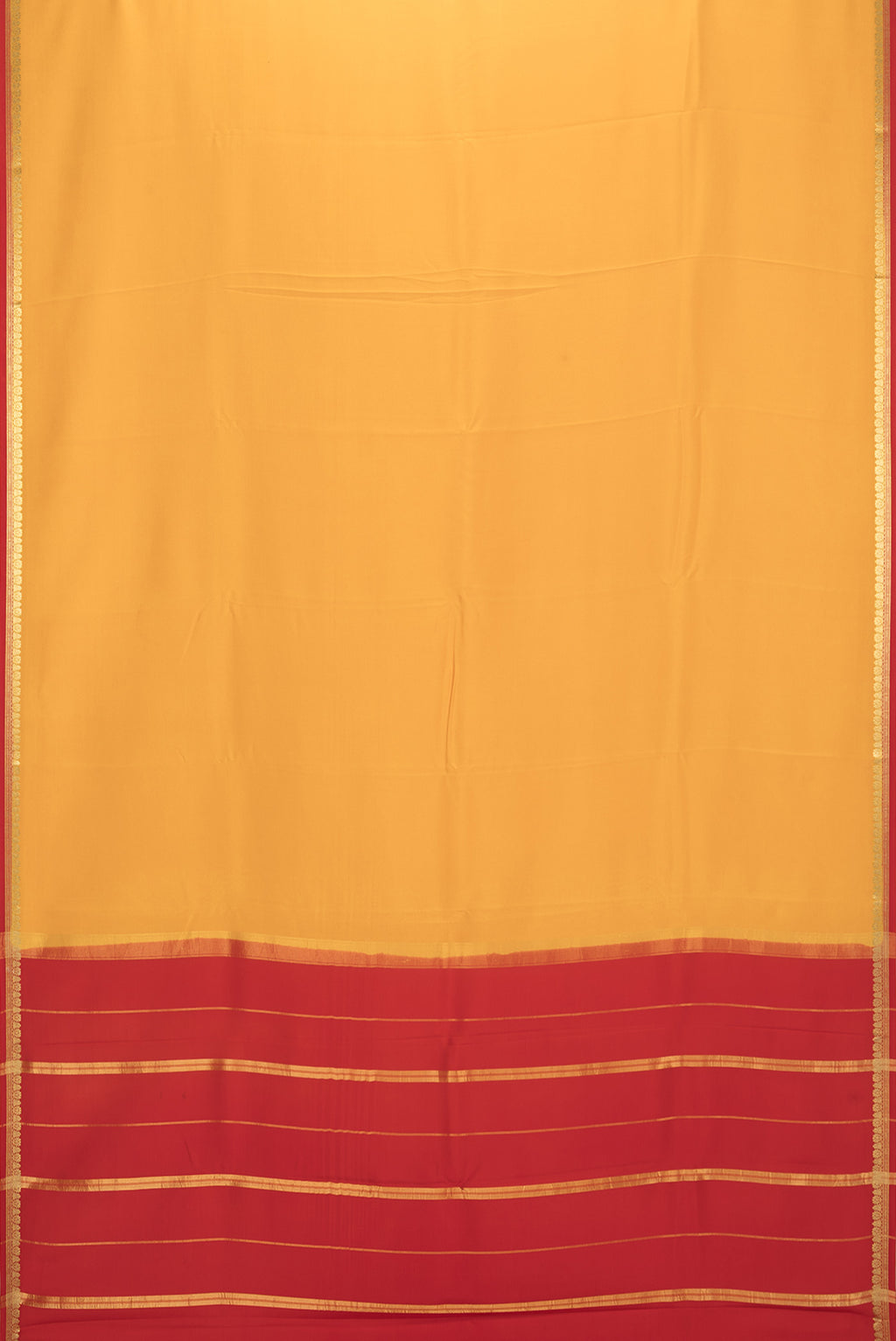 Flat view of Pure Silk Pure Zari Mustard Mysore Silk Saree with Plain Body and Zari Border. 