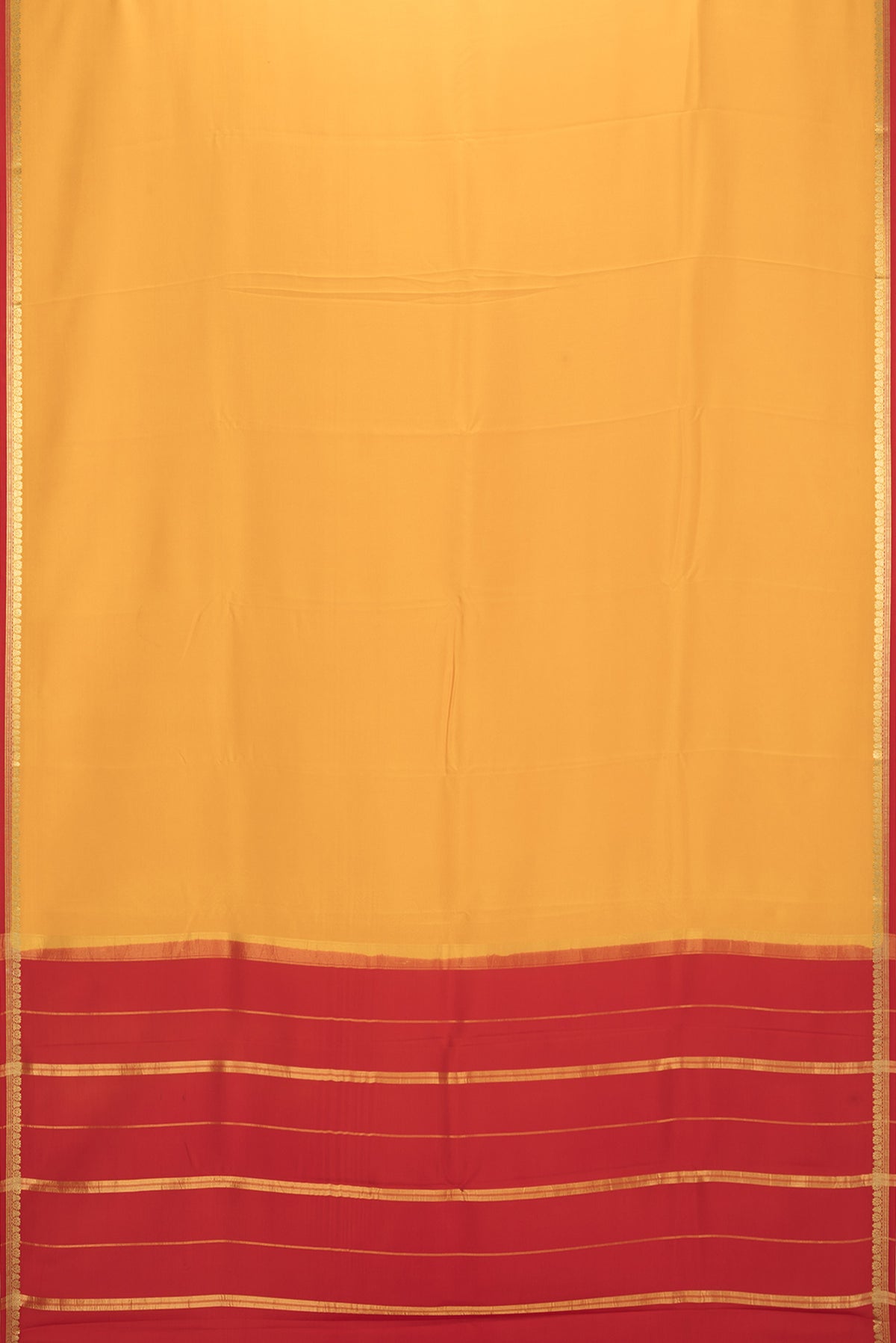 Flat view of Pure Silk Pure Zari Mustard Mysore Silk Saree with Plain Body and Zari Border. 