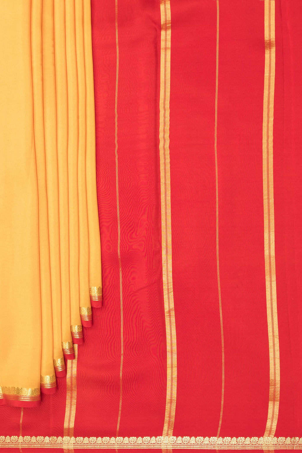 Pleats and pallu of Pure Silk Pure Zari Mustard Mysore Silk Saree with Plain Body and Zari Border. 