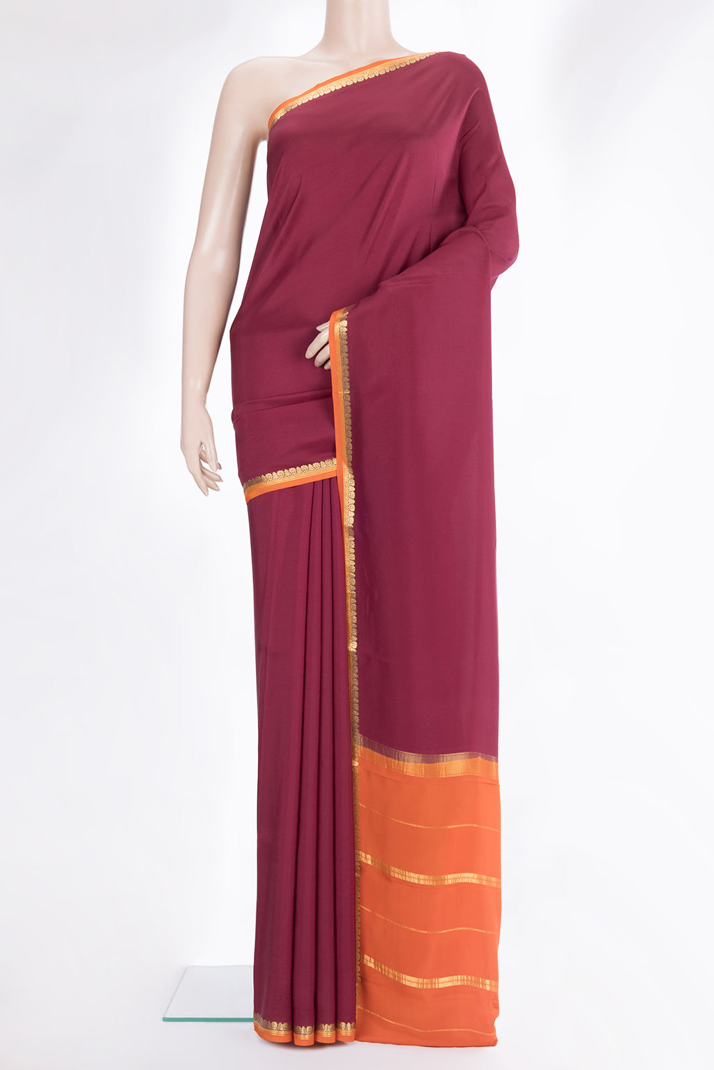 Pure Silk Pure Zari Maroon Dual Tone Mysore Silk Saree with Plain Body and Zari Border.  displayed on a mannequin
