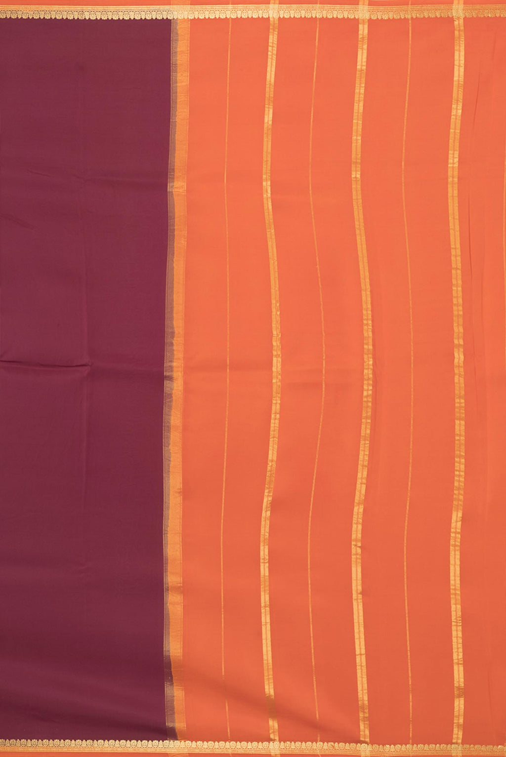 Close up image of the pallu of Pure Silk Pure Zari Maroon Dual Tone Mysore Silk Saree with Plain Body and Zari Border. 