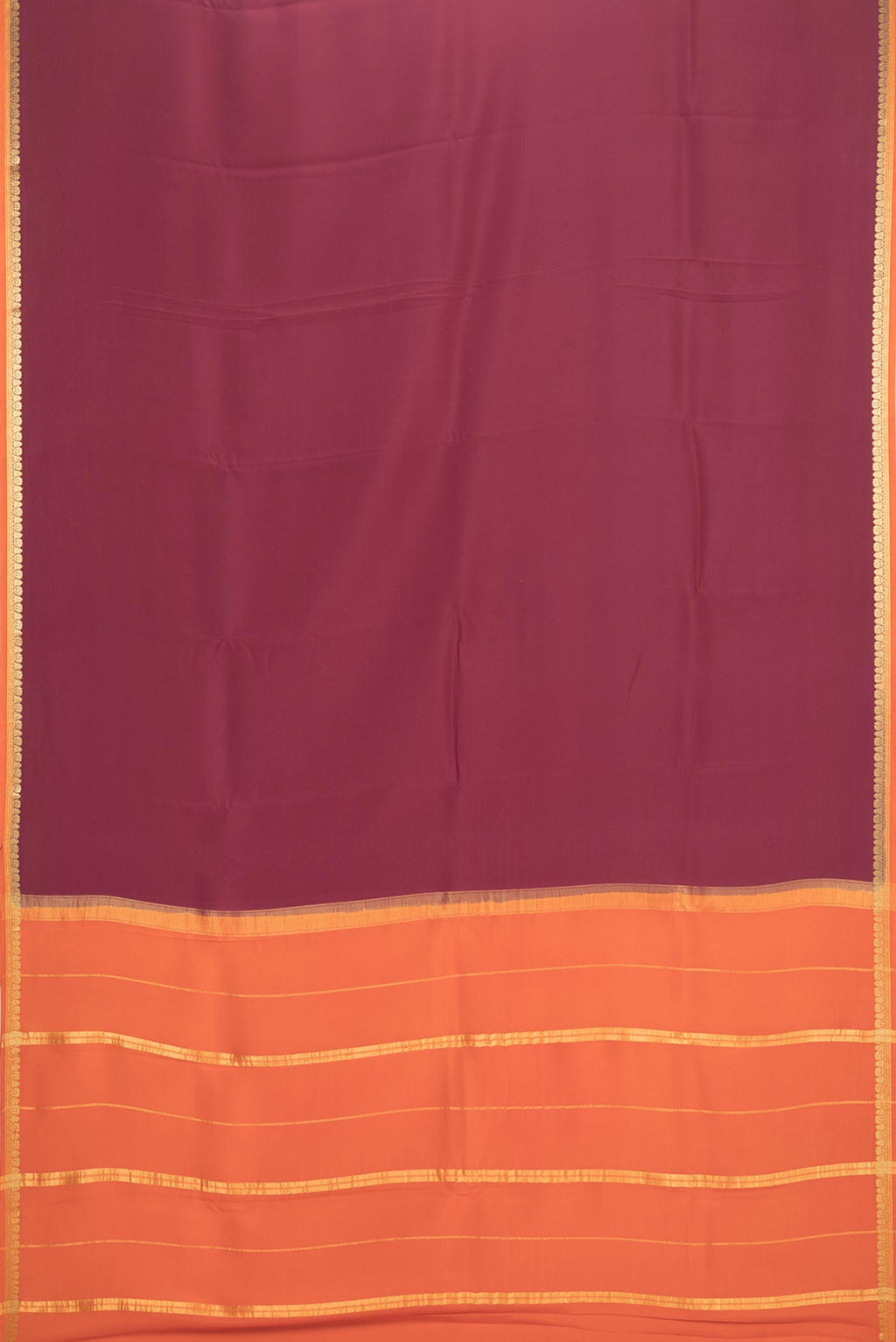 Flat view of Pure Silk Pure Zari Maroon Dual Tone Mysore Silk Saree with Plain Body and Zari Border. 