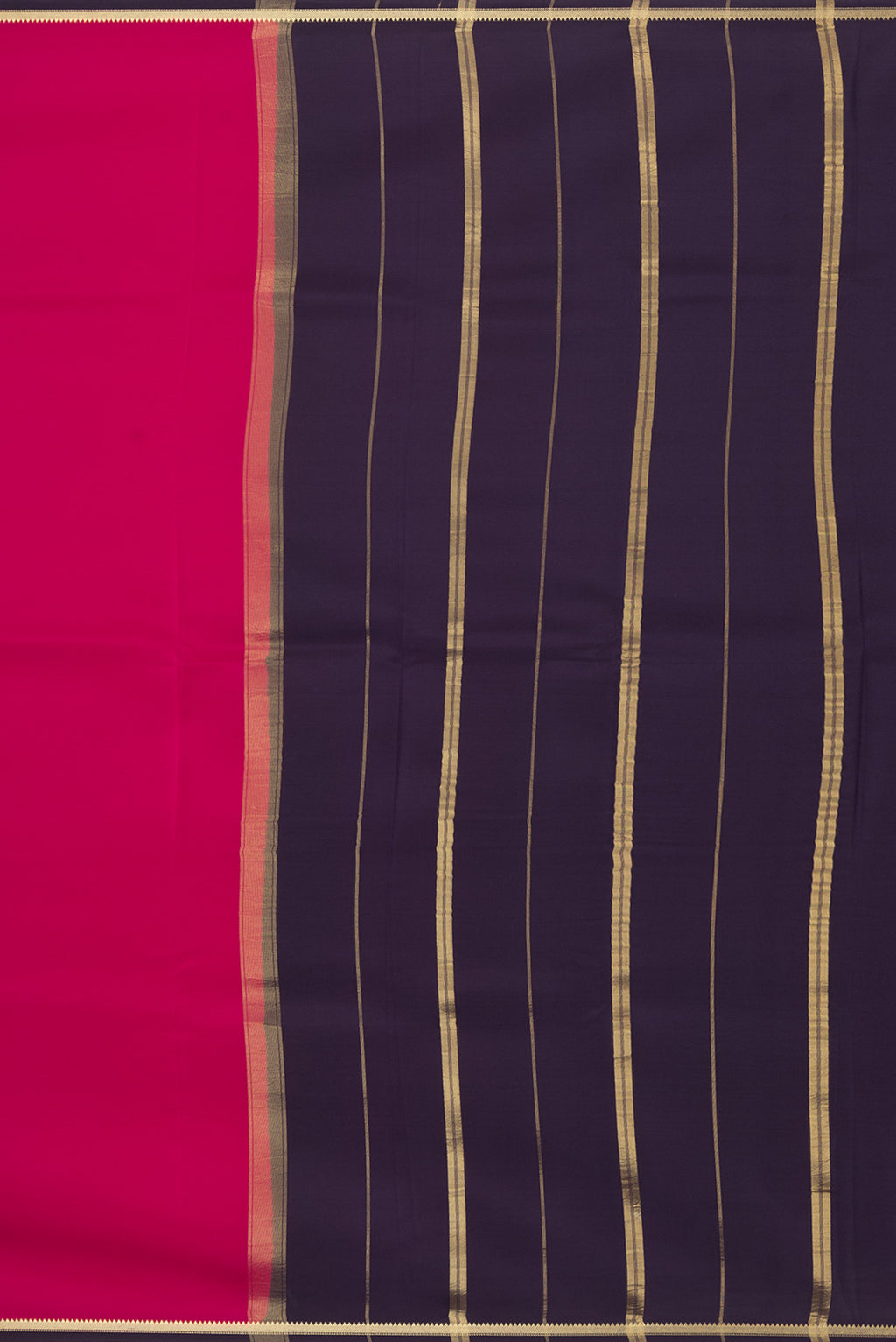 Close up image of the pallu of Pure Silk Pure Zari Dark Pink Mysore Silk Saree with Plain Body and Zari Border. 