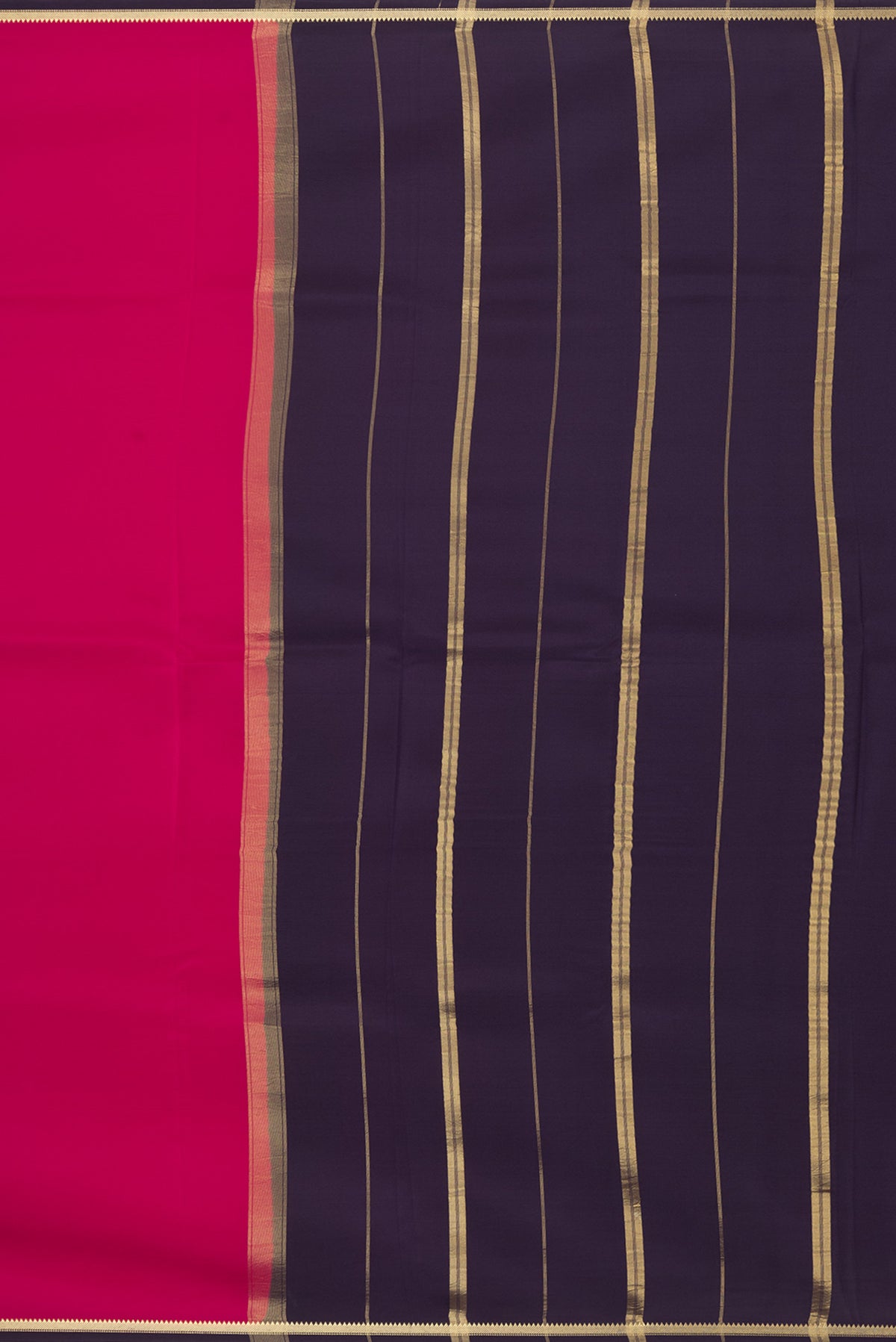 Close up image of the pallu of Pure Silk Pure Zari Dark Pink Mysore Silk Saree with Plain Body and Zari Border. 
