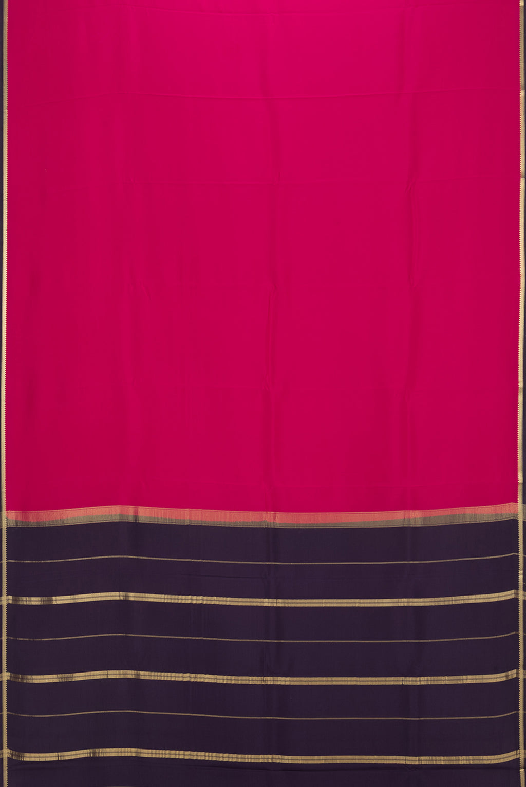 Flat view of Pure Silk Pure Zari Dark Pink Mysore Silk Saree with Plain Body and Zari Border. 