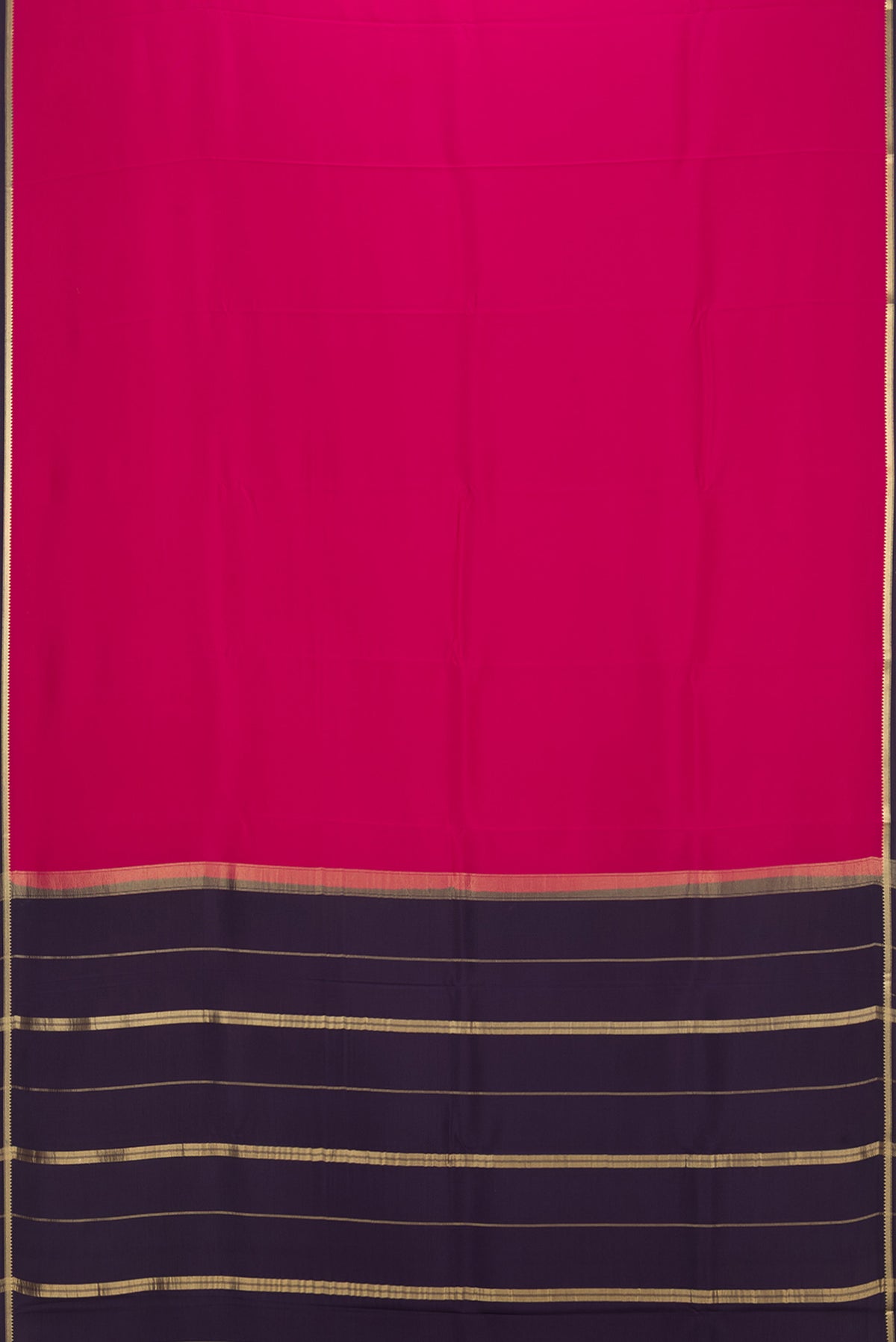 Flat view of Pure Silk Pure Zari Dark Pink Mysore Silk Saree with Plain Body and Zari Border. 