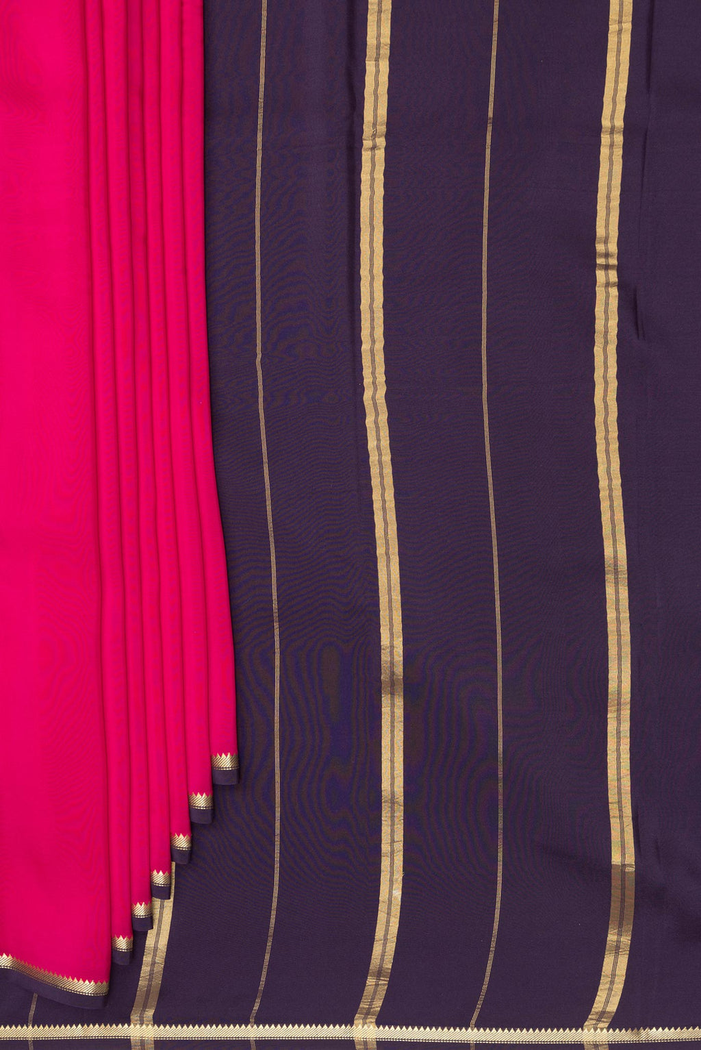 Pleats and pallu of Pure Silk Pure Zari Dark Pink Mysore Silk Saree with Plain Body and Zari Border. 