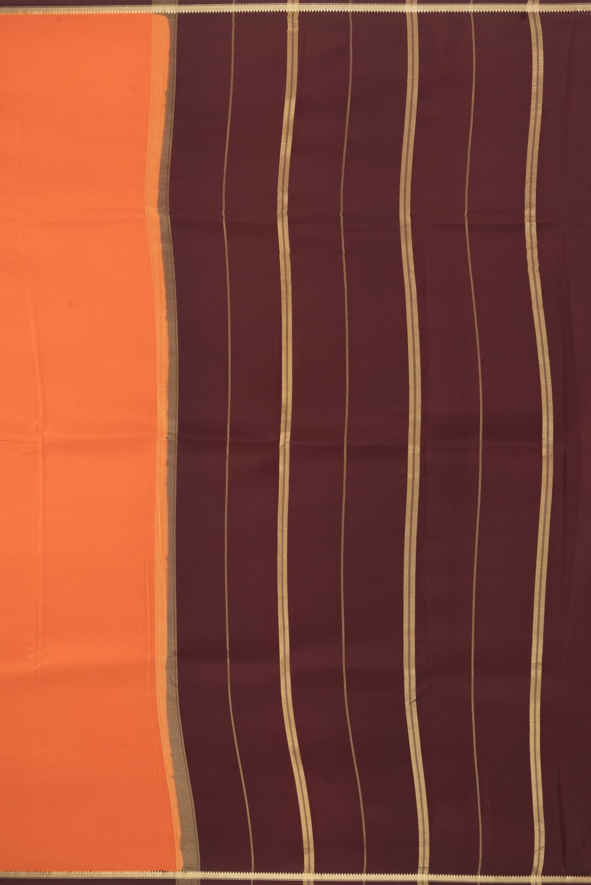 Close up image of the pallu of Pure Silk Pure Zari Orange Mysore Silk Saree with Plain Body and Zari Border. 