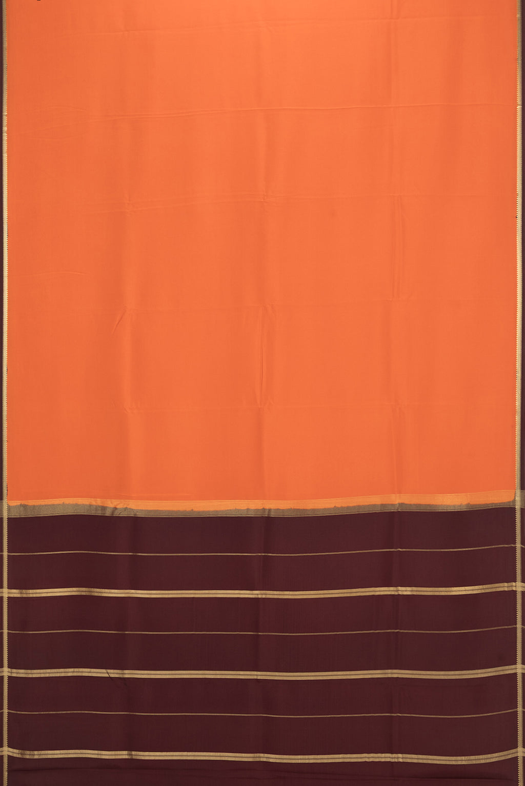 Flat view of Pure Silk Pure Zari Orange Mysore Silk Saree with Plain Body and Zari Border. 