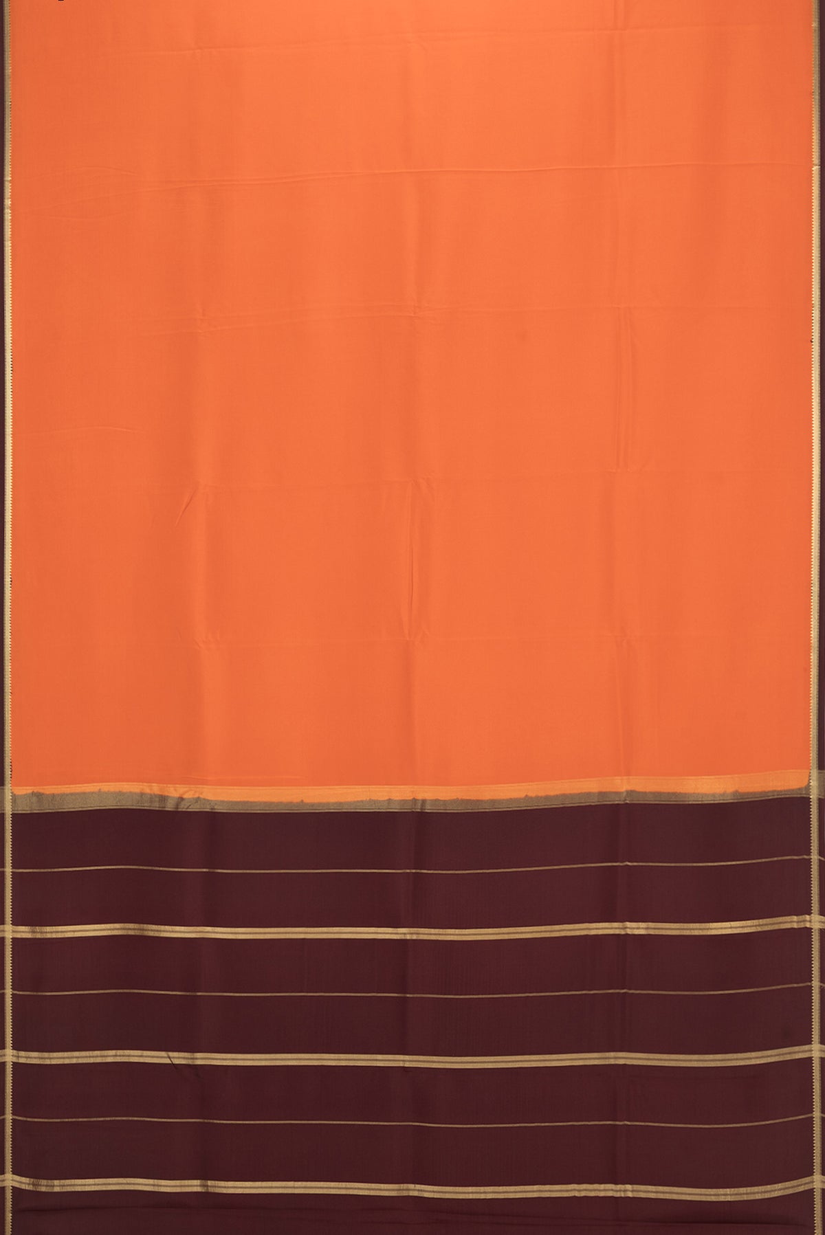 Flat view of Pure Silk Pure Zari Orange Mysore Silk Saree with Plain Body and Zari Border. 