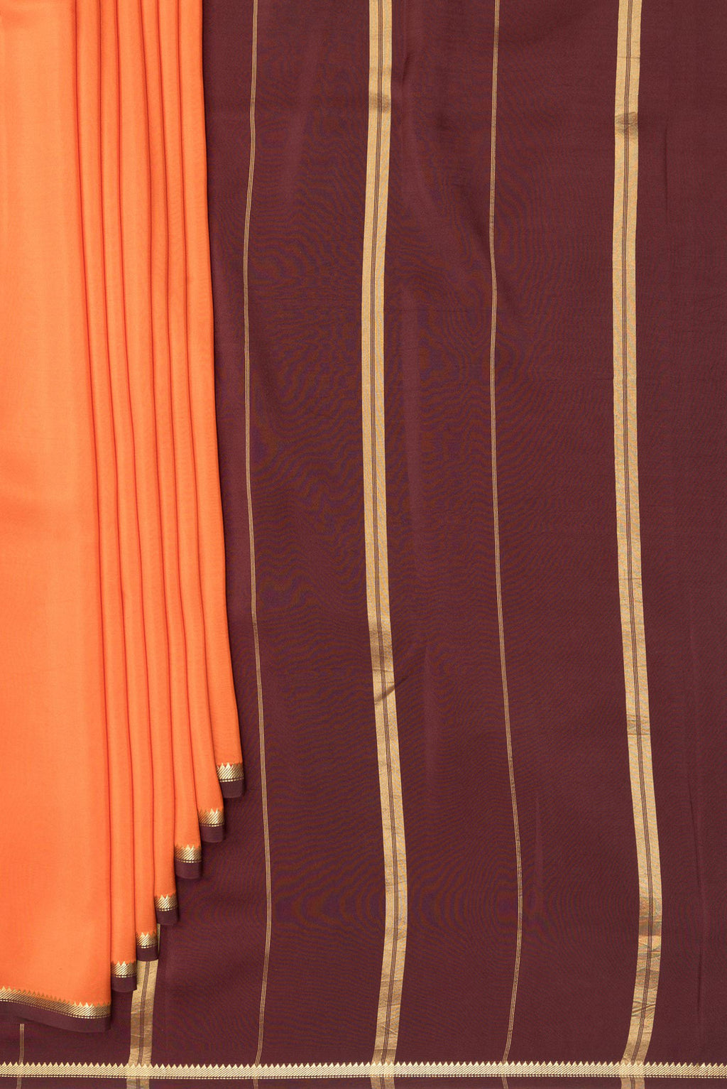 Pleats and pallu of Pure Silk Pure Zari Orange Mysore Silk Saree with Plain Body and Zari Border. 