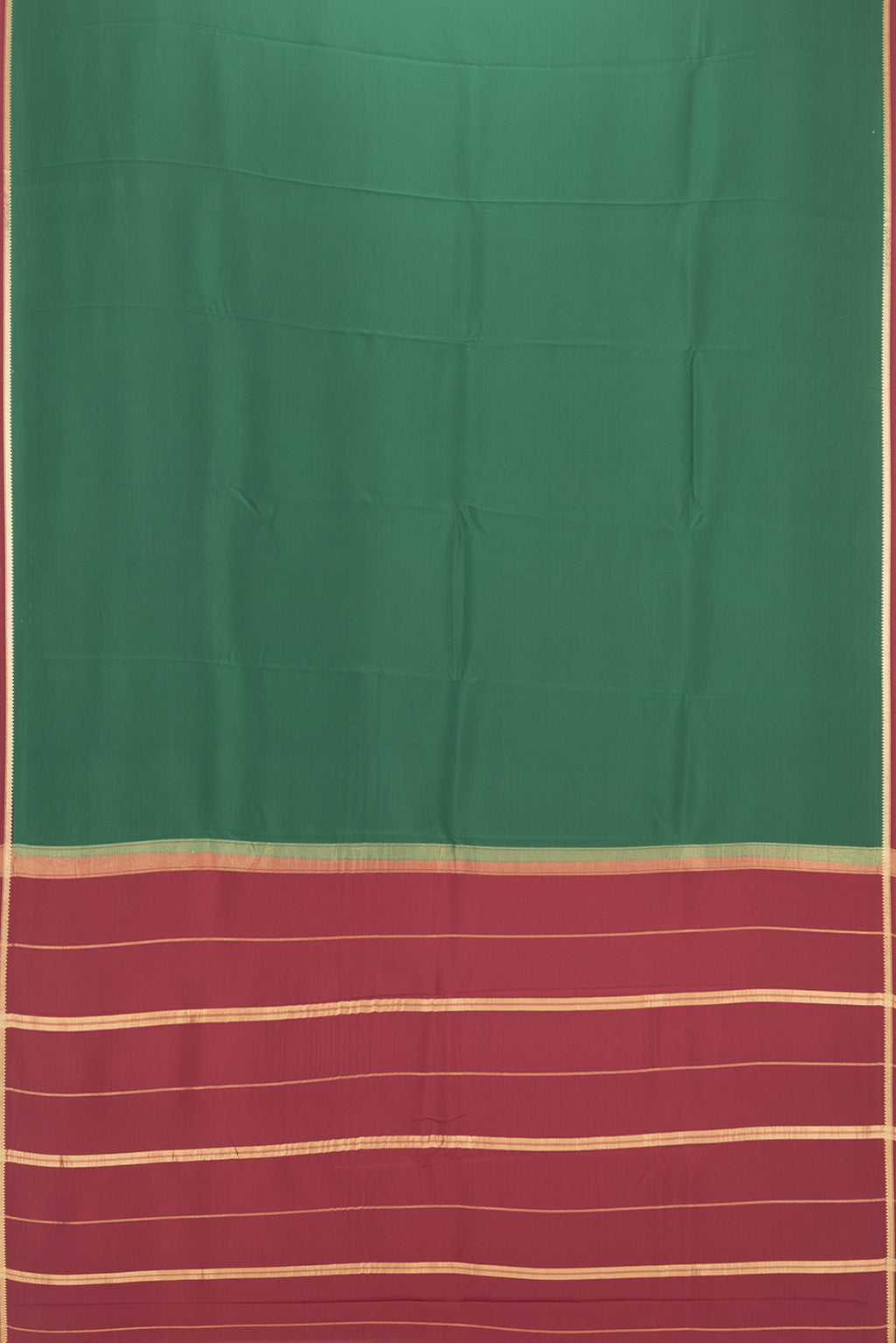 Flat view of Pure Silk Pure Zari Bottle Green Mysore Silk Saree with Plain Body and Zari Border. 