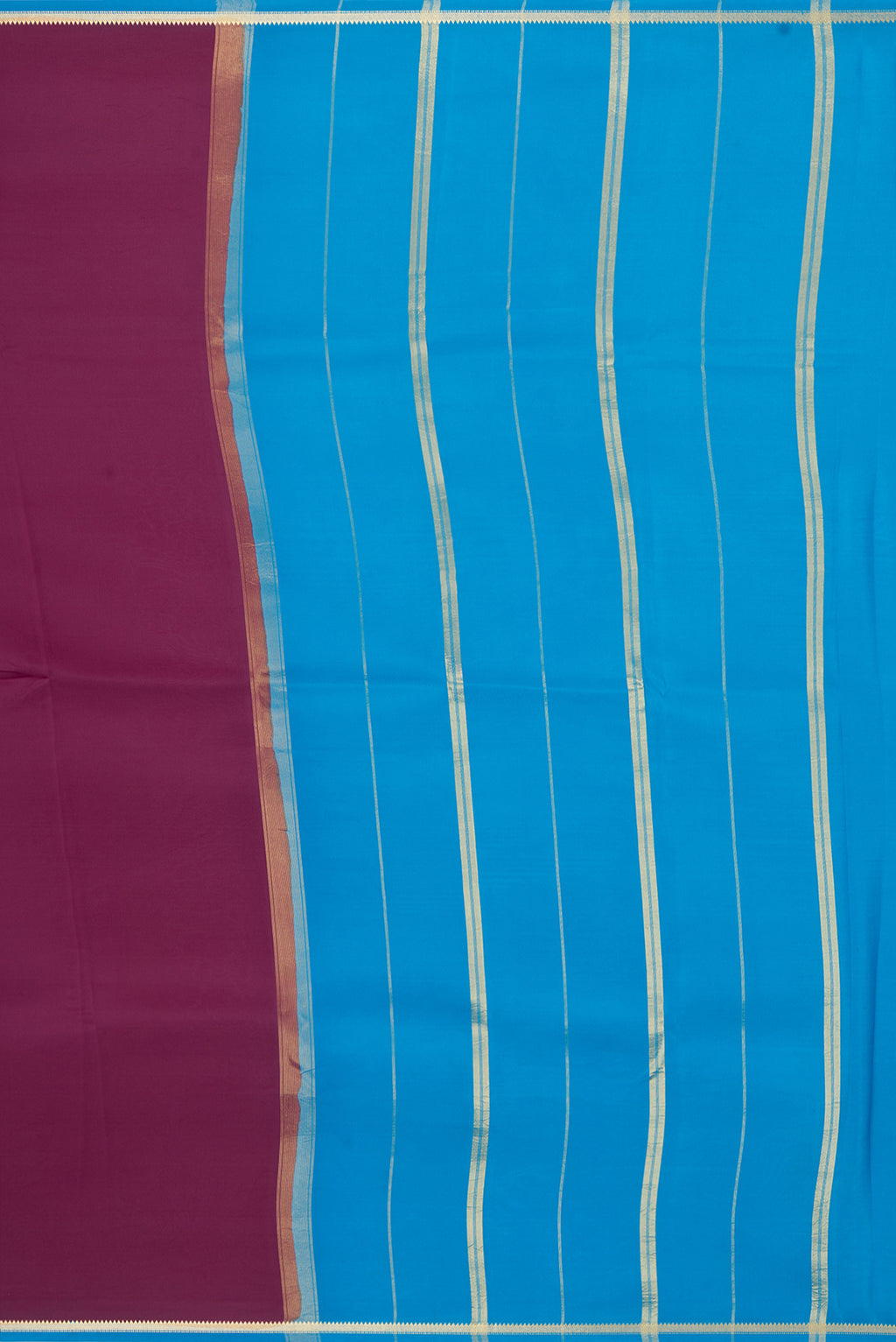 Close up image of the pallu of Pure Silk Pure Zari Magenta Dual Tone Mysore Silk Saree with Plain Body and Zari Border. 