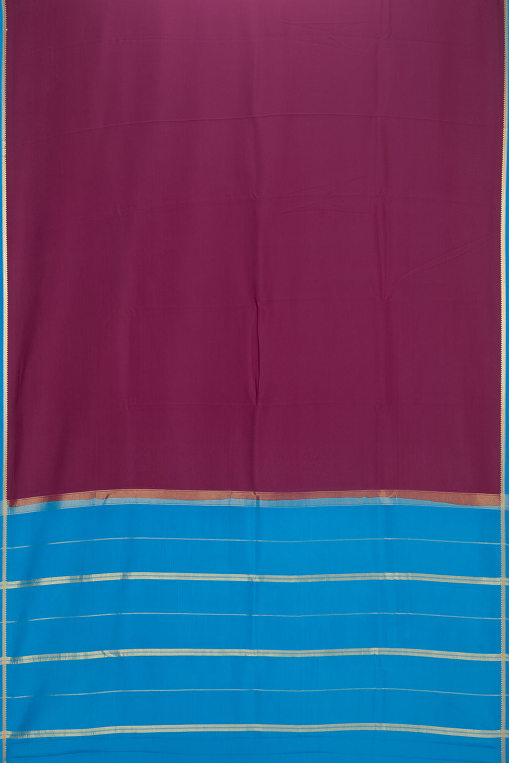 Flat view of Pure Silk Pure Zari Magenta Dual Tone Mysore Silk Saree with Plain Body and Zari Border. 