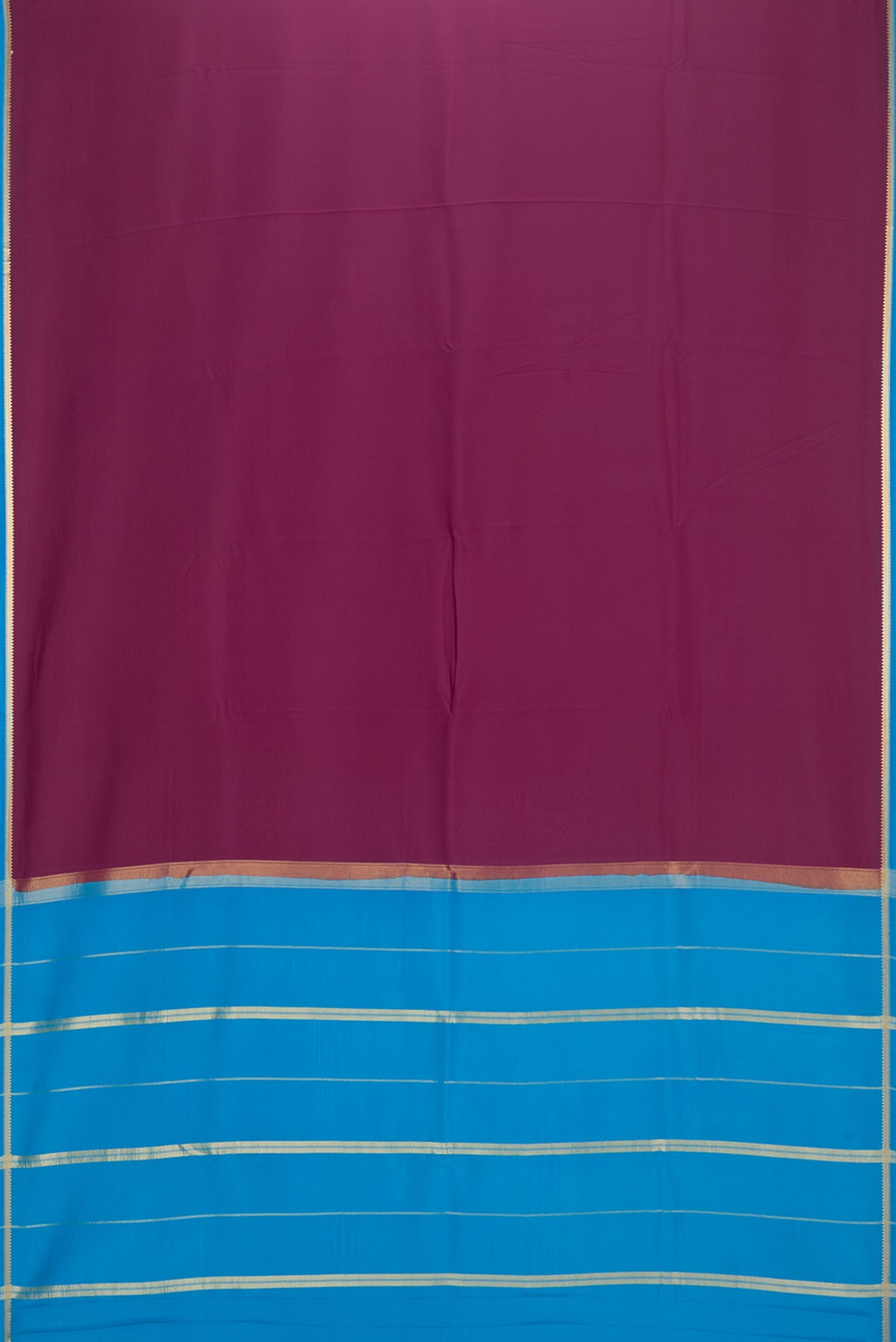 Flat view of Pure Silk Pure Zari Magenta Dual Tone Mysore Silk Saree with Plain Body and Zari Border. 