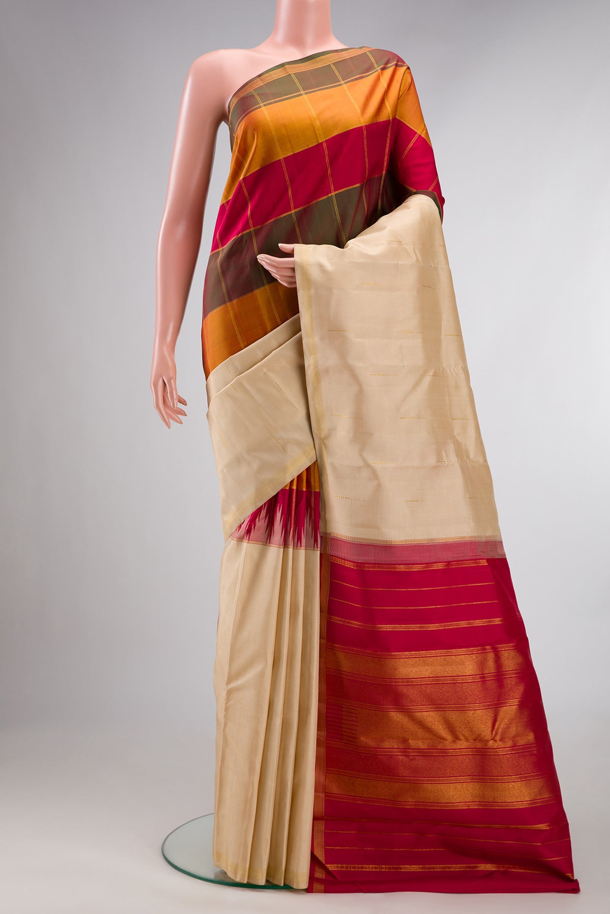 Pure Silk Multi Color Kanjivaram Saree with Half And Half on the body and Zari Border.  displayed on a mannequin