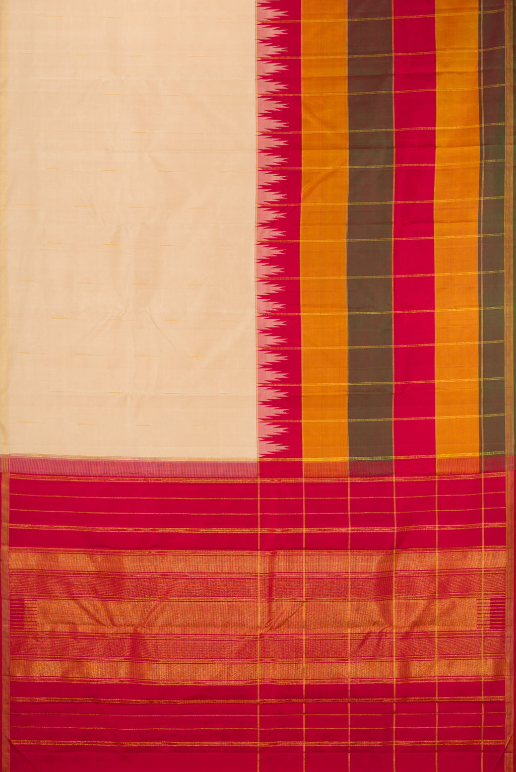 Flat view of Pure Silk Multi Color Kanjivaram Saree with Half And Half on the body and Zari Border. 