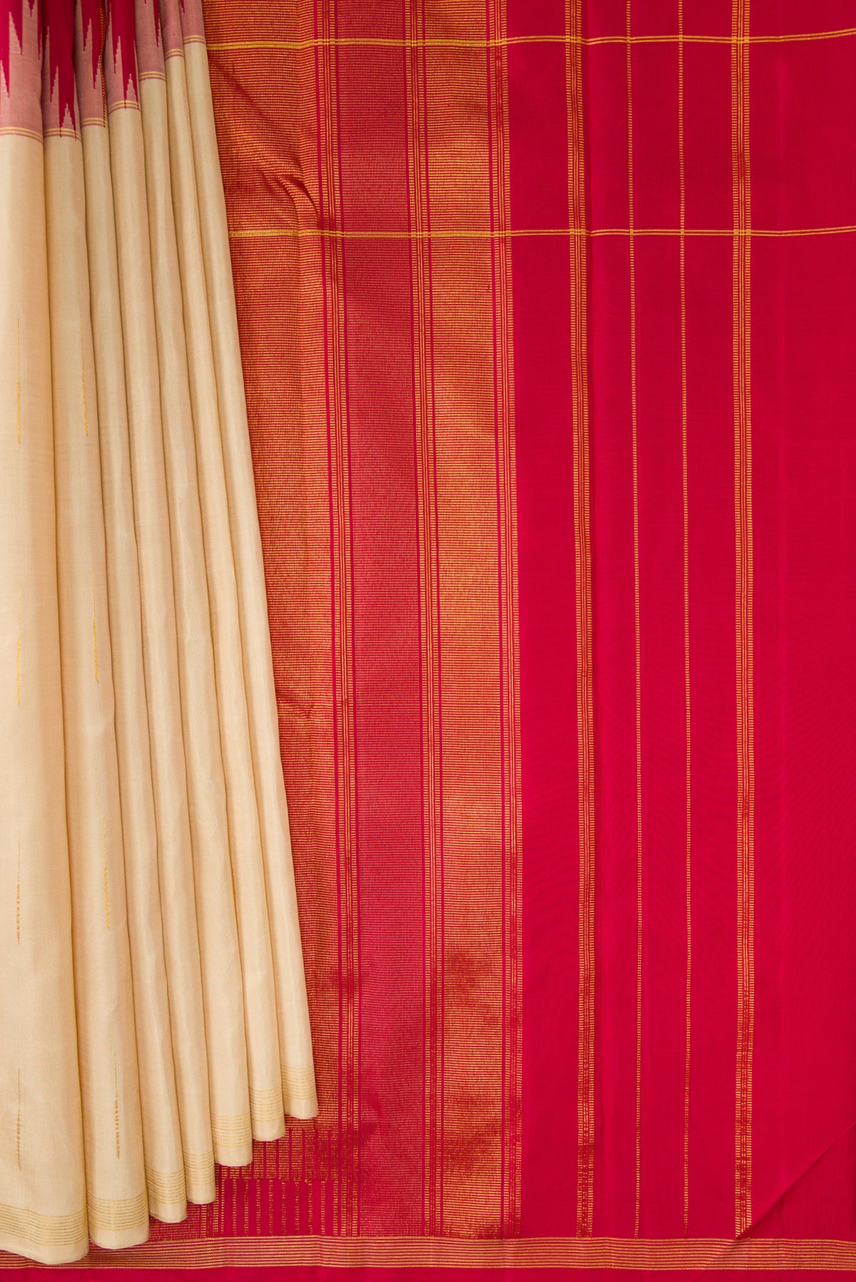 Pleats and pallu of Pure Silk Multi Color Kanjivaram Saree with Half And Half on the body and Zari Border. 