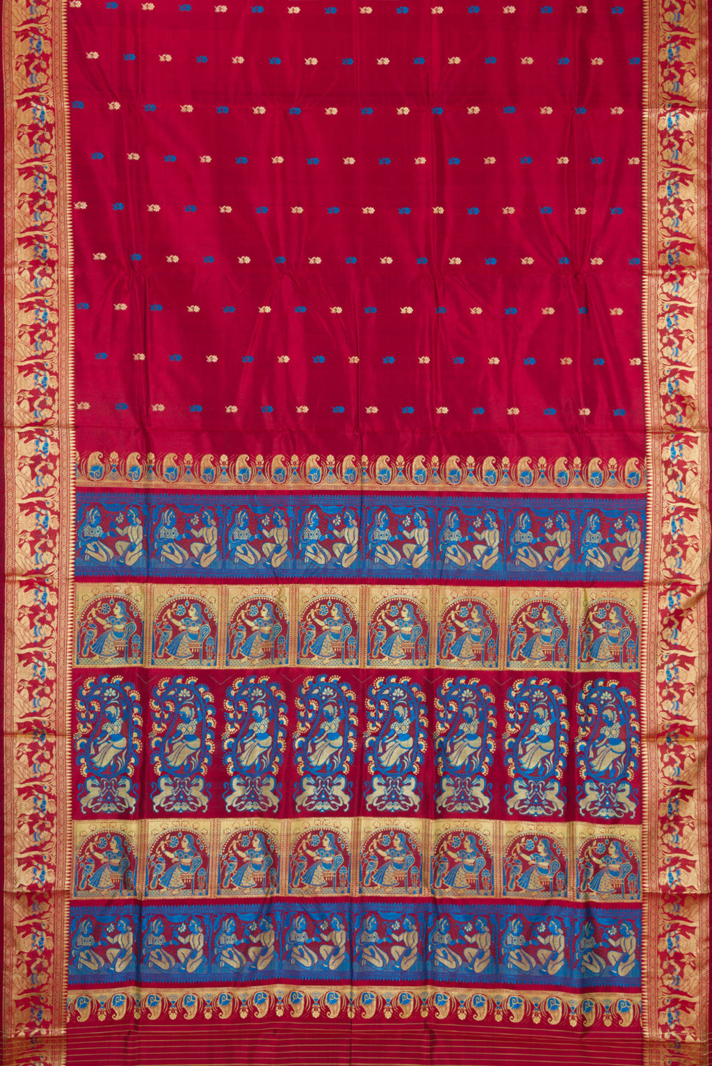 Flat view of Maroon Baluchari Silk Saree with Thread Butta on the body and Thread Border. 