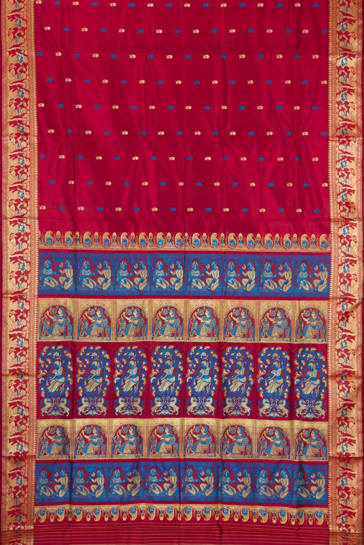 Flat view of Maroon Baluchari Silk Saree with Thread Butta on the body and Thread Border. 